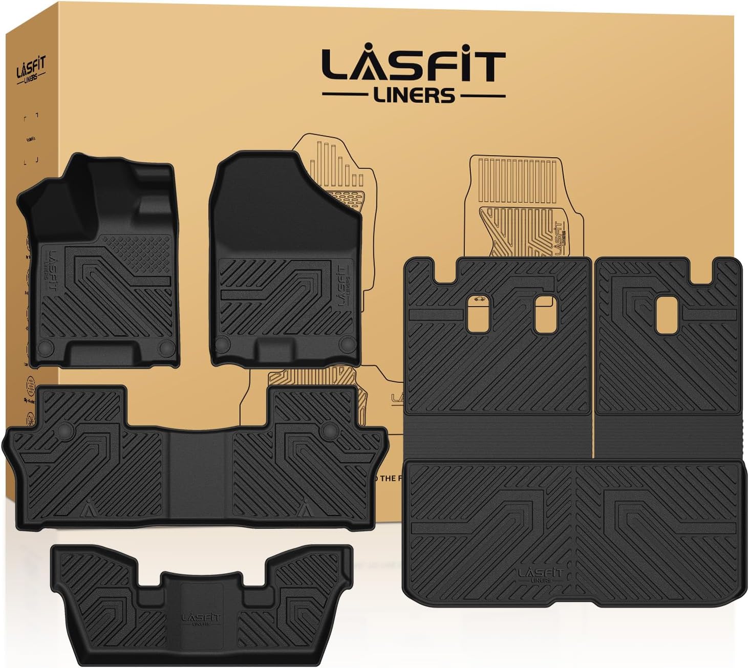 LASFIT Floor Mats & Cargo Mat for Honda Pilot 2016-2022 (7 Passengers), Split & One-Piece Foldable Seating TPE Floor Liners Accessories, 1st & 2nd & 3rd Row & Cargo Liner with Backrest Mat, Black