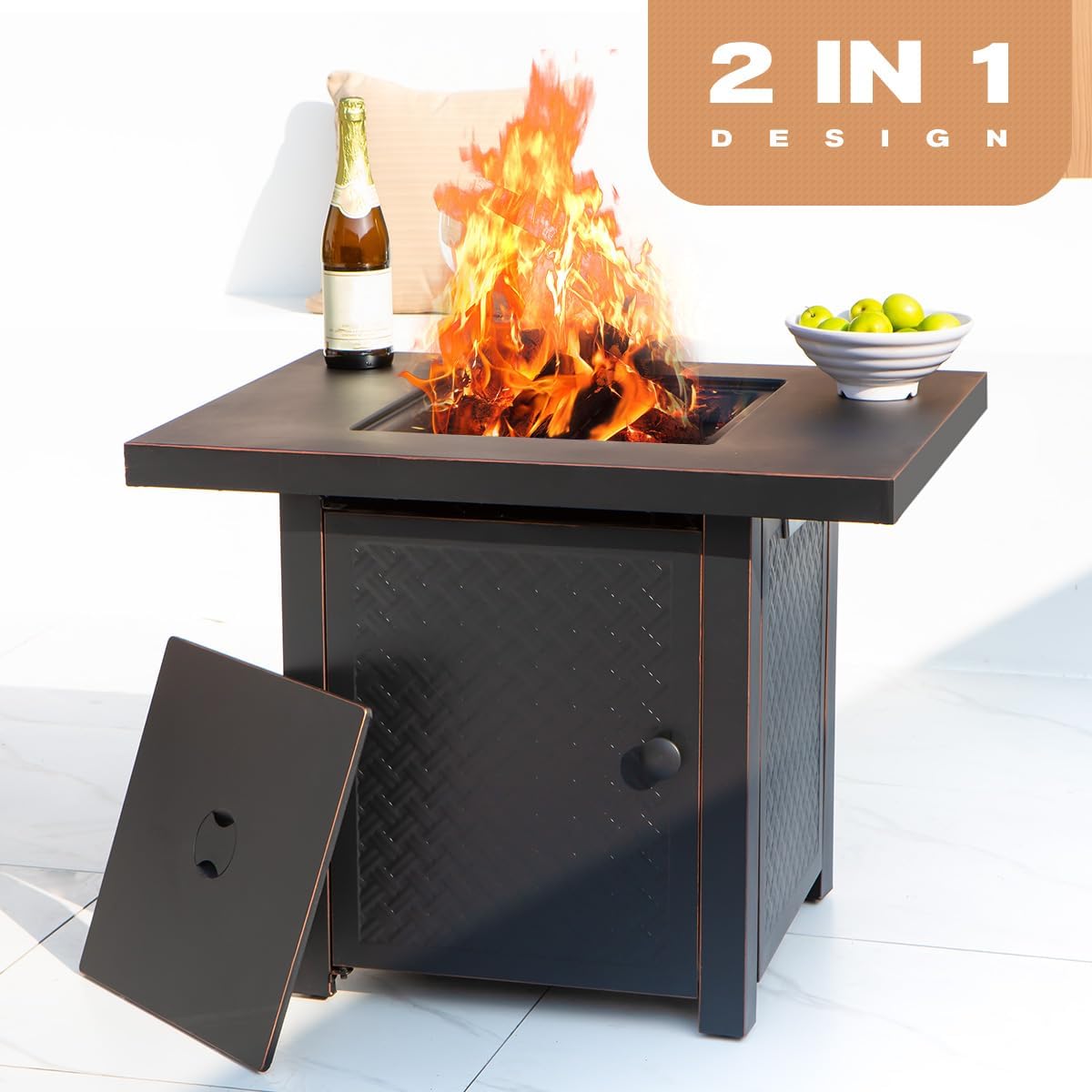 32'' Propane Fire Pit,50000 BTU Gas Firepit Table with 2 Drink Holders, Lid & Lava Rock,Outdoor Fire Pit Table for Dining or Party,Propane Firepits for Outside,Patio,Yard