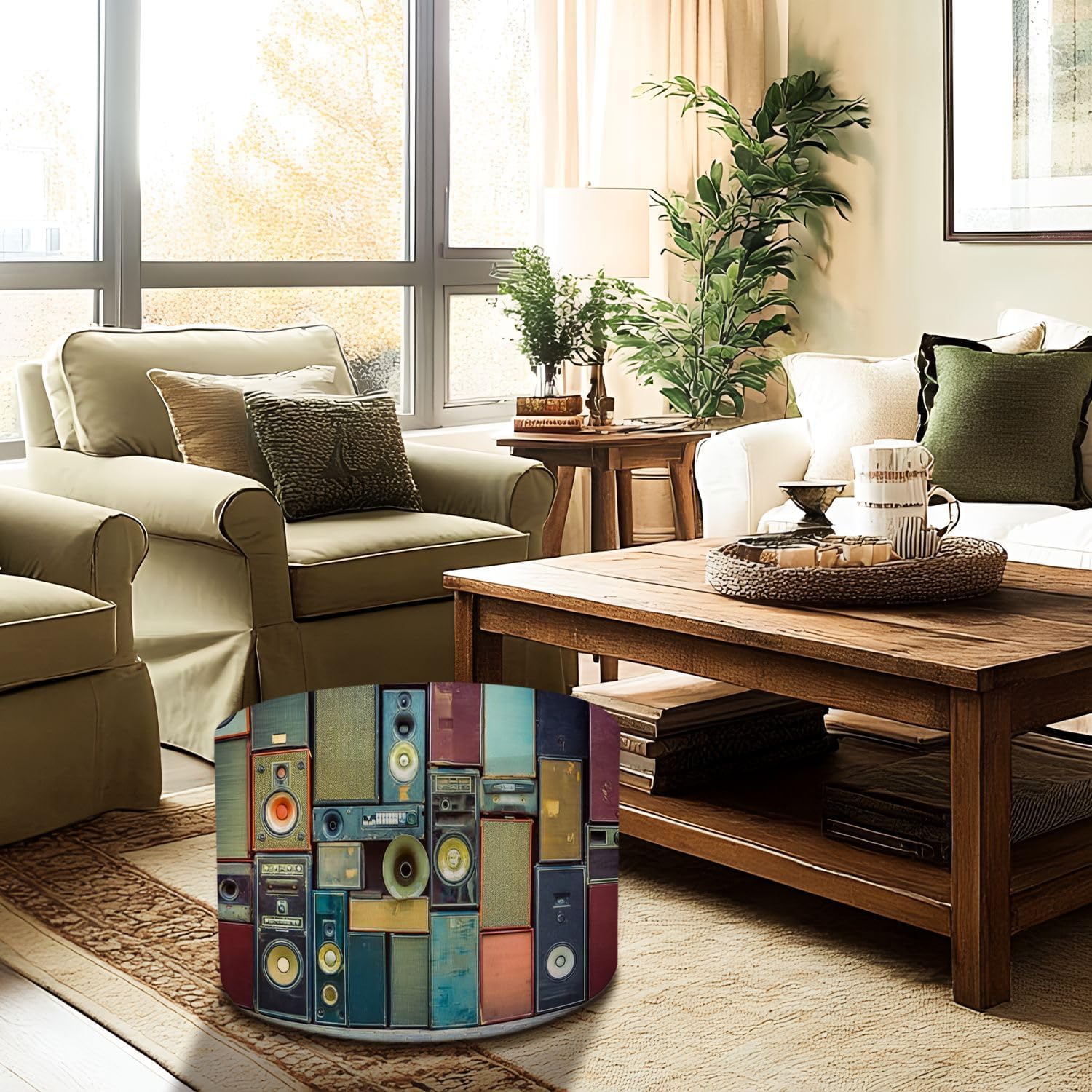 Round Pouf Ottoman Music Speakers Wall Retro Vintage Style Foot Stool Foot Rest Floor Stool Bean Bag Chair Cotton Linen Removable Indoor Outdoor for Living Room Bedroom