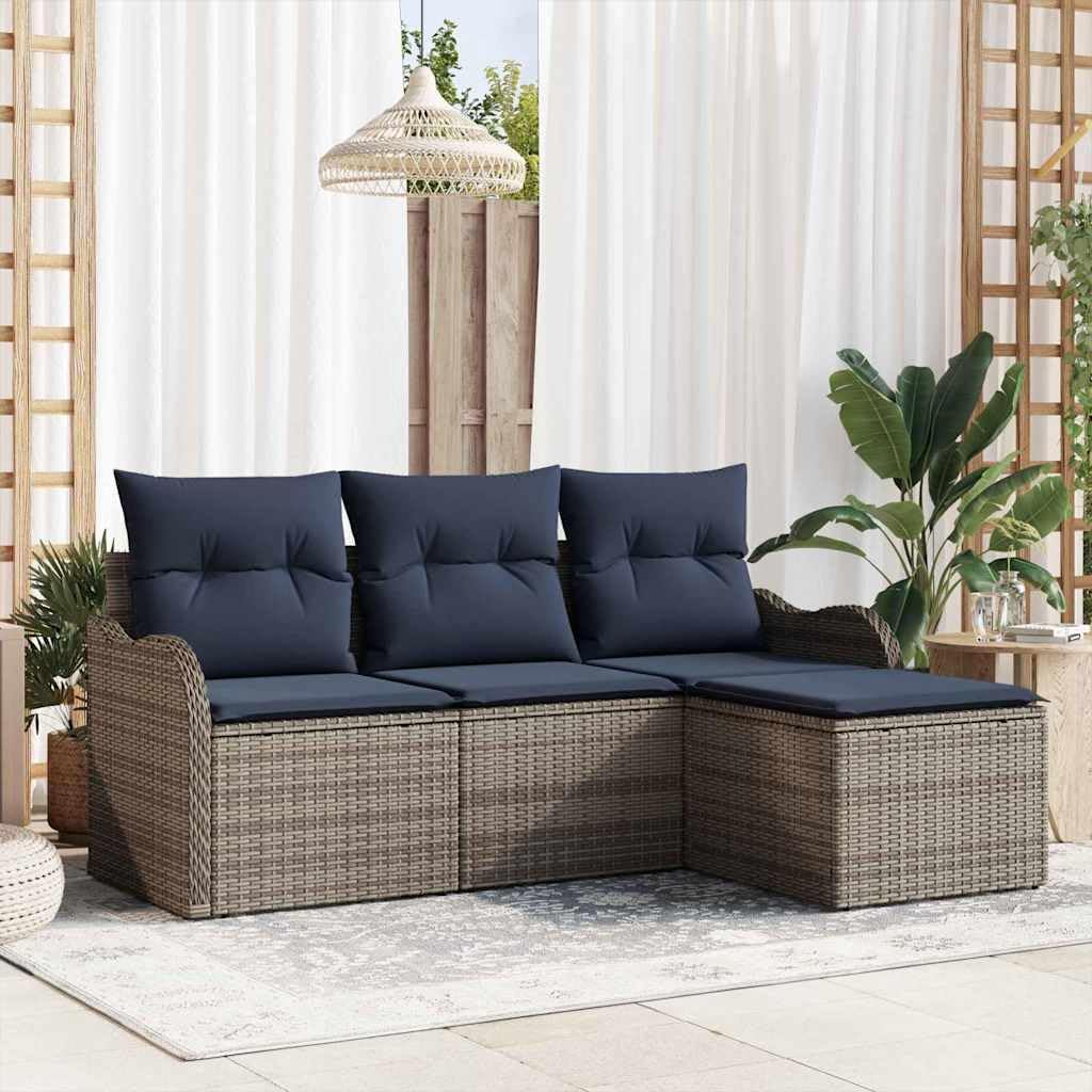 Grey Poly Rattan Garden Sofa Set, Modular Outdoor Patio Furniture for Balcony, Durable Weather-Resistant Seating with Cushions, 4-Piece