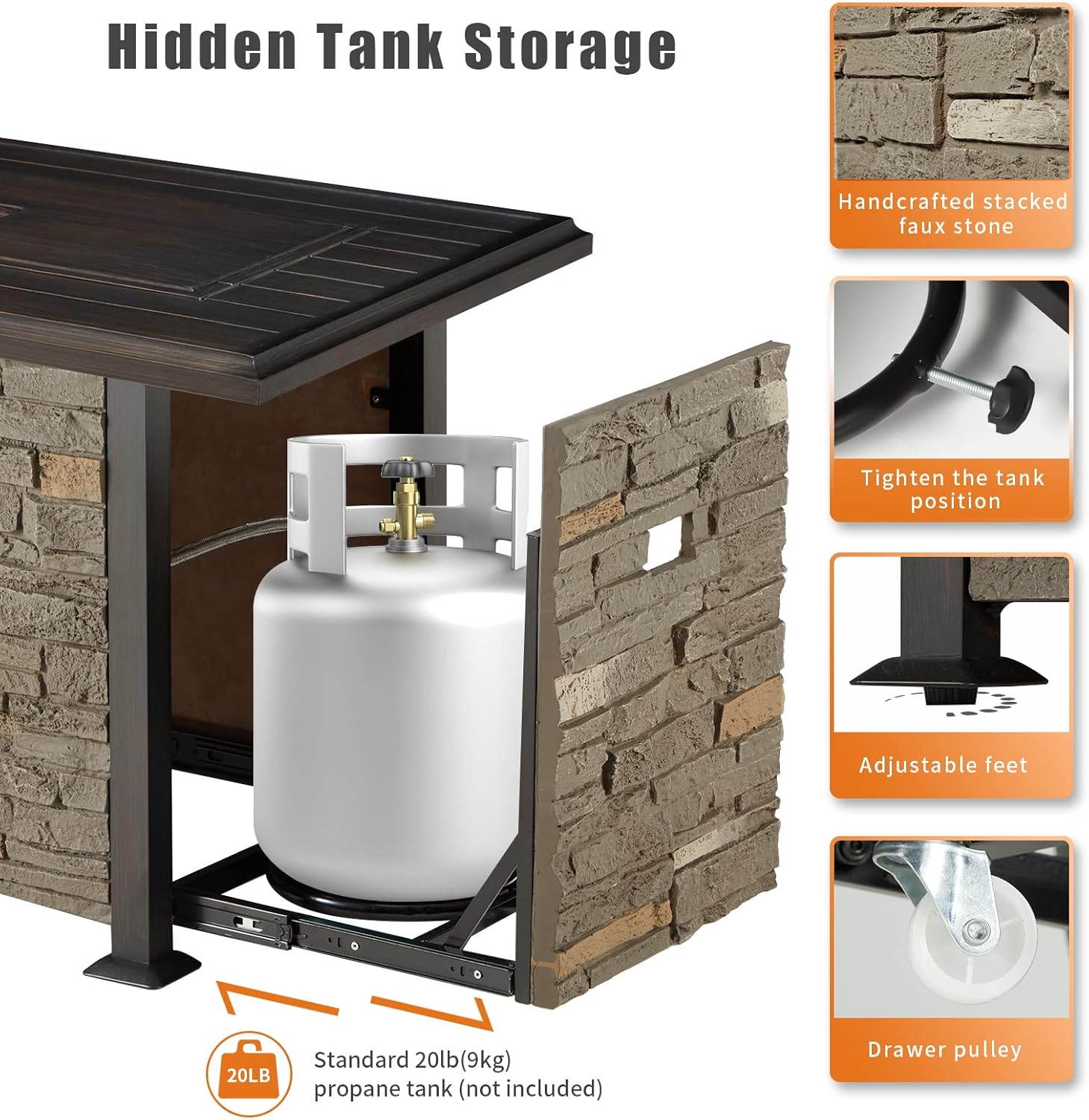 Vicluke 44 Inch Aluminum Propane Fire Pit Table w/Faux Ledgestone, Hand-Painted Table Top, 50,000 BTU Fire Table w/CSA Certification,Waterproof Cover,Glass Rock for Outdoor, Patio, Christmas(Grey)