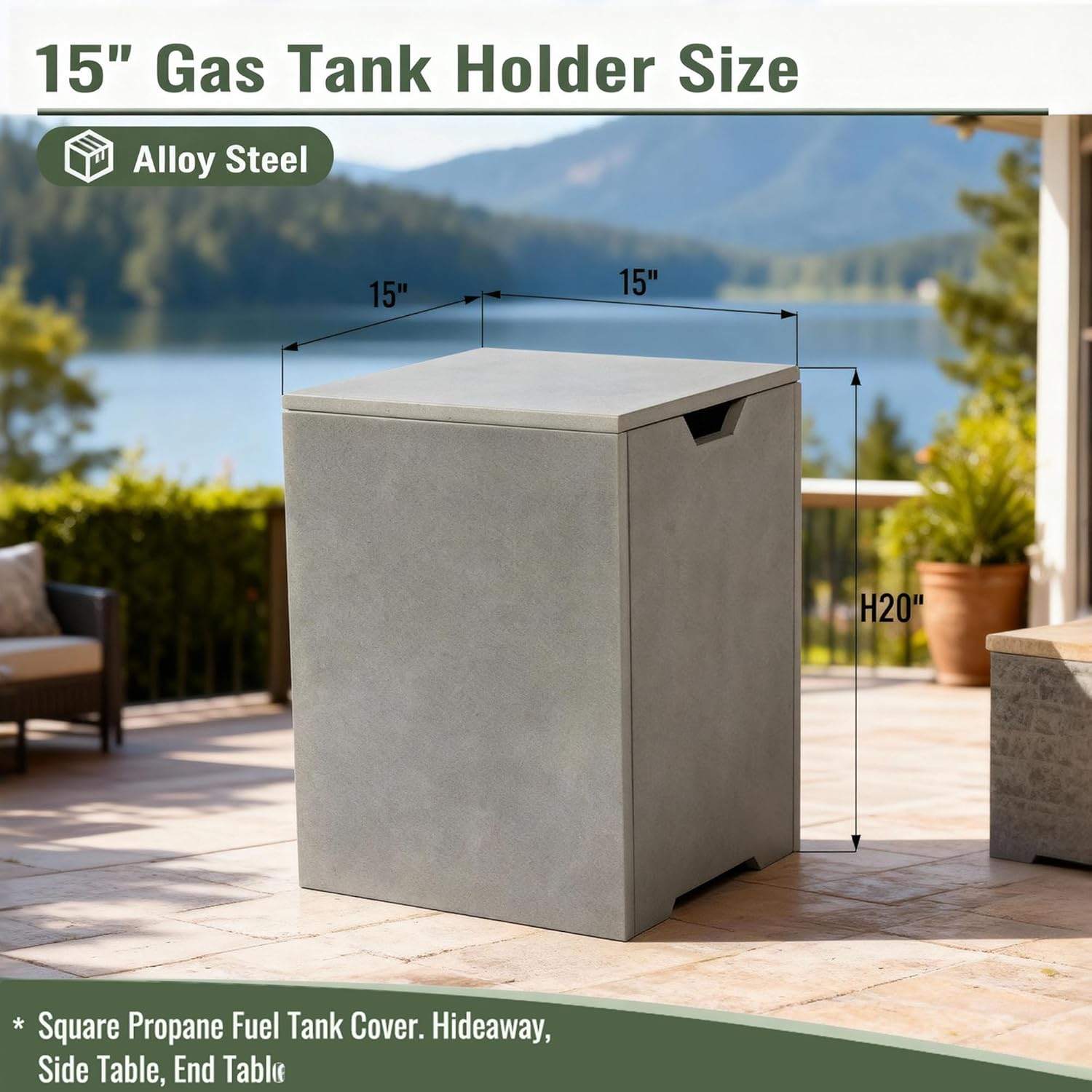 Square Propane Tank Cover with Side Table for Outdoor Fire Pit, 20 lb Gas Cylinder Holder Storage Hideaway Box, Gray Iron Enclosure for Patio Furniture, Garden Use with Gas Fire Pits, Only Table