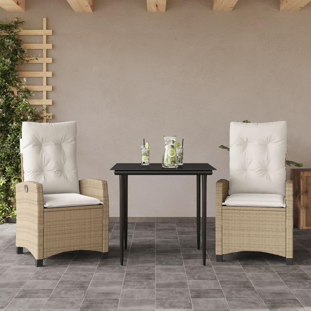 3 Piece Patio Dining Set with Cushions Beige Poly Rattan,Modern Outdoor Dining Set with Adjustable Backrest and Tempered Glass Tabletop for Garden, Patio, and Backyard Patio Furniture Sets, Outdoor Fu