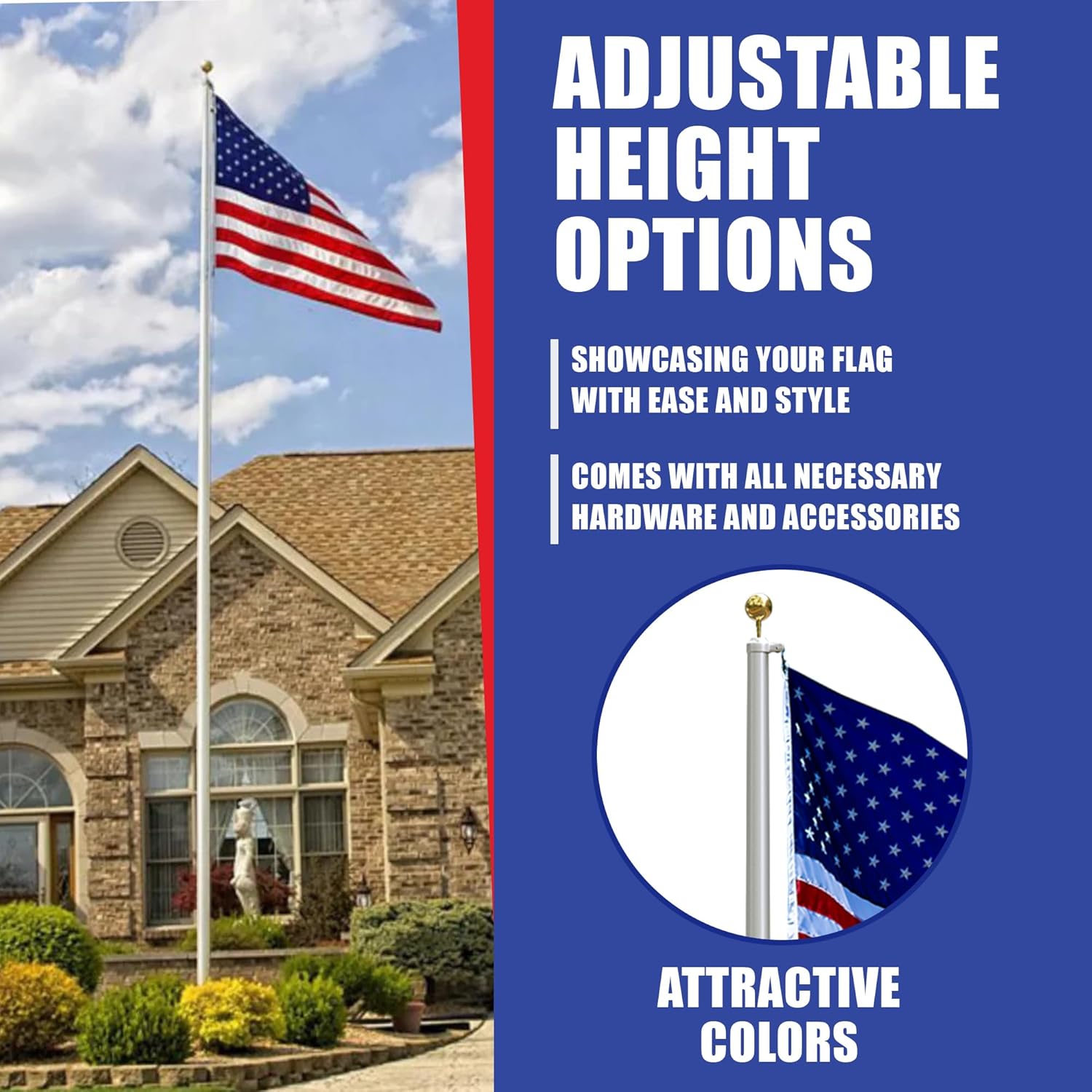 Super Tough USA-Made 20ft Heavy Duty Flag Pole for Outside House - Satin Finish - Residential In-Ground Flagpole - 3-Section High-Grade Aluminum - Includes All Accessories