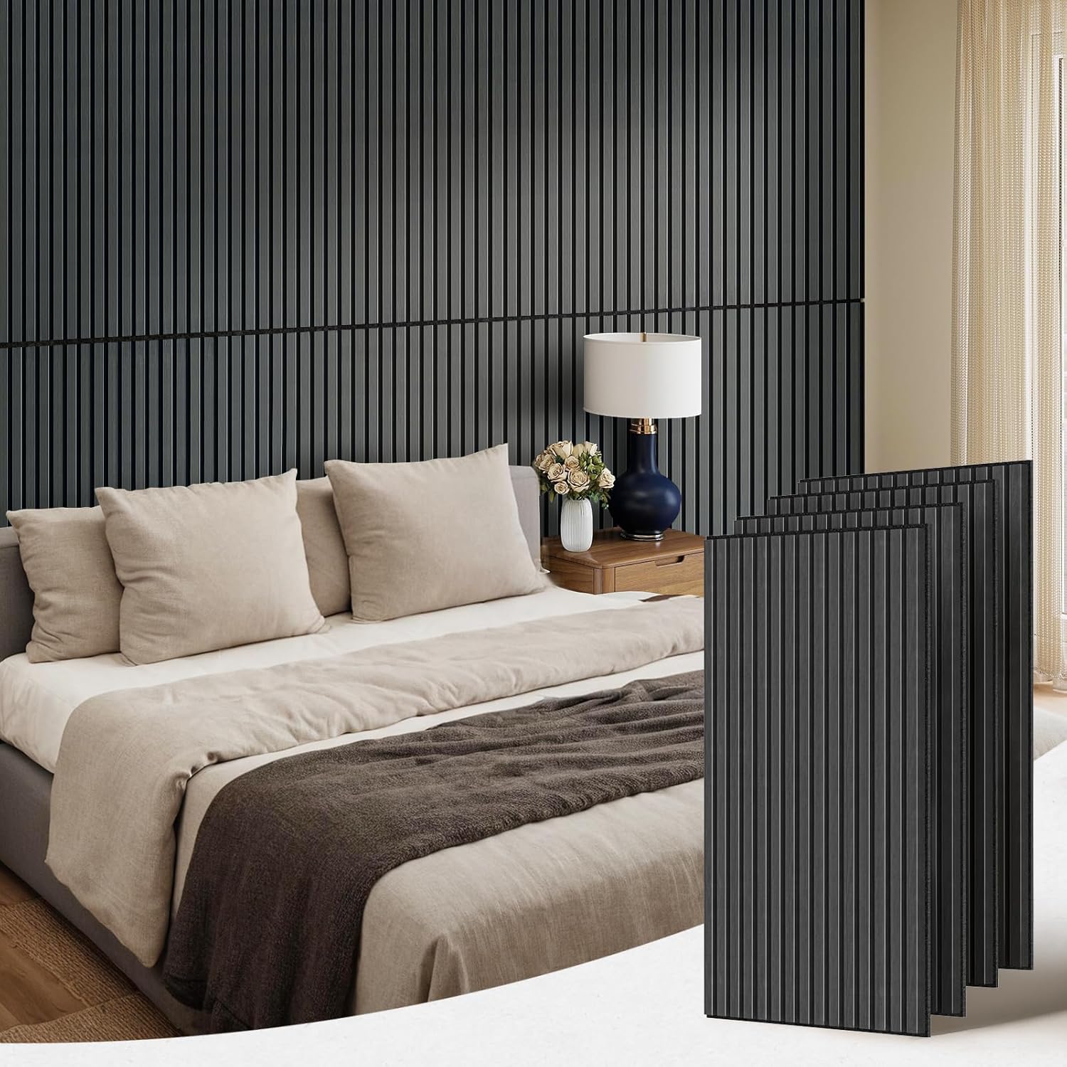 PIWA 9+12mm Wood Acoustic Panels,47.2 x 23.6 in,4-Pack–12mm MDF Surface with 9mm Sound-Absorbing Core – Modular Acoustic Wall Panels for Echo Reduction in Home Studio, Office & Gaming Room-Matte Black