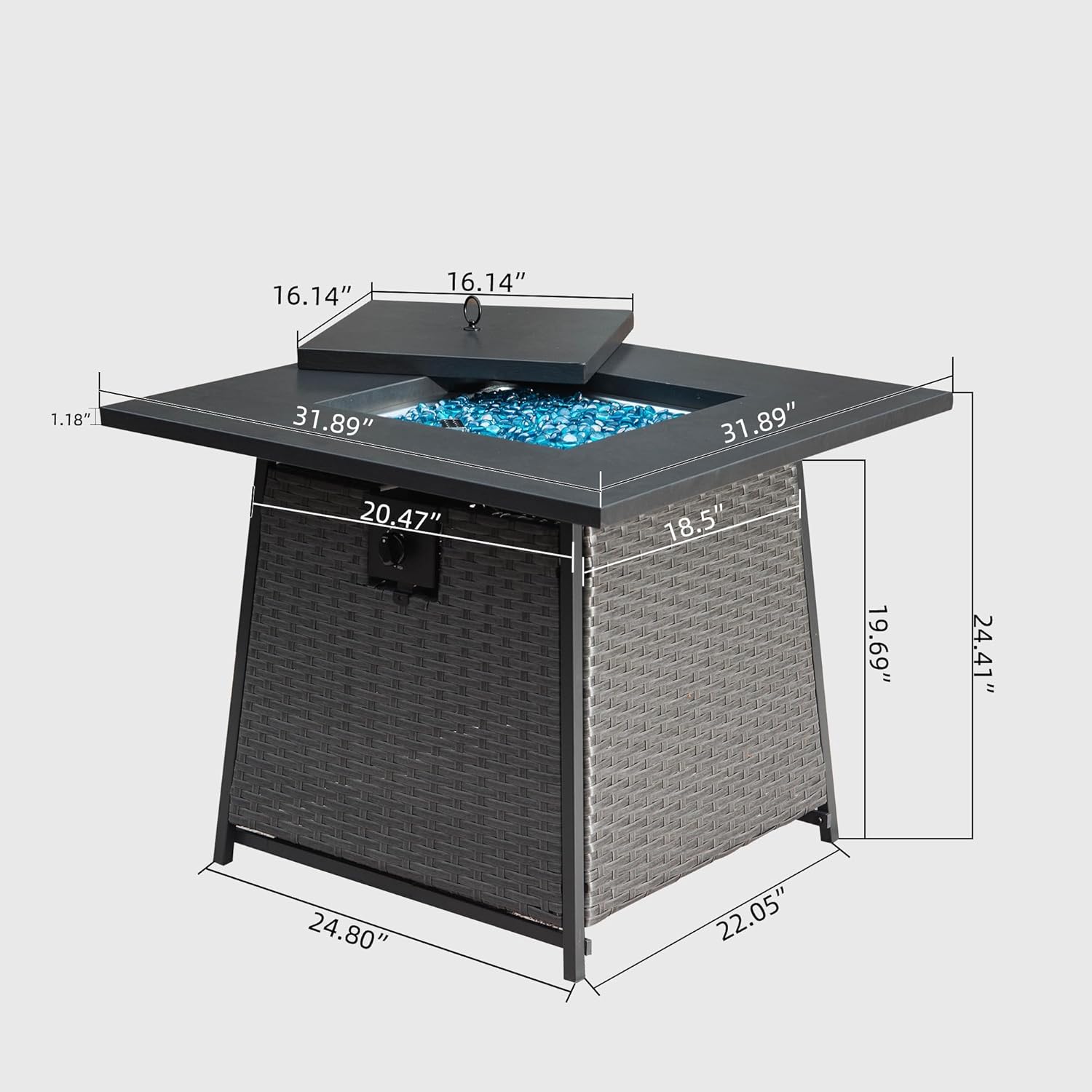 32 Inch Propane Fire Pits Table with Blue Glass Ball,50,000 BTU Outdoor Wicker Fire Table with ETL Certified,2 in 1 Square Steel Gas Firepits (Dark Gray)