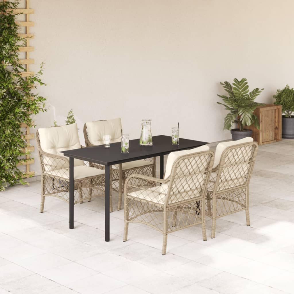 Furniture Sets 5 Piece Patio Dining Set with Cushions Beige Poly Rattan,Outdoor Dining Set with Comfortable Cushions and Tempered Glass Table for Garden, Patio, or Backyard Garden Conversation Sets