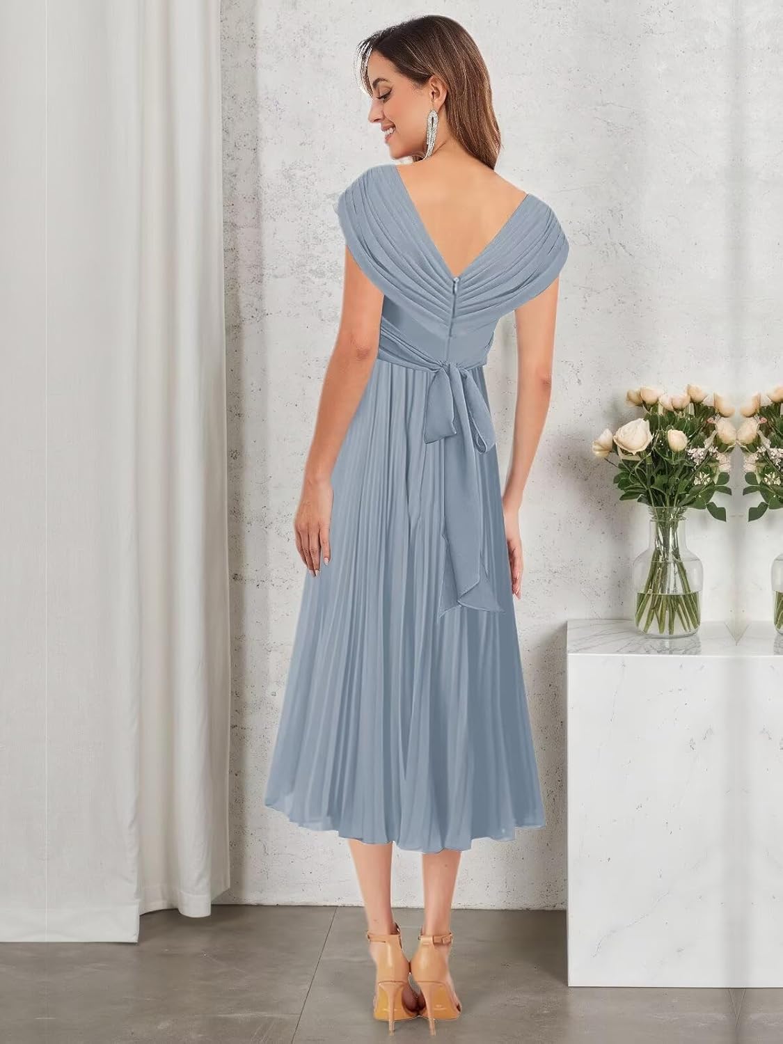 BANTRATIC Tea Length Mother of The Bride Dresses for Wedding Chiffon Cap Sleeve V Neck Pleated Formal Prom Gown with Belt