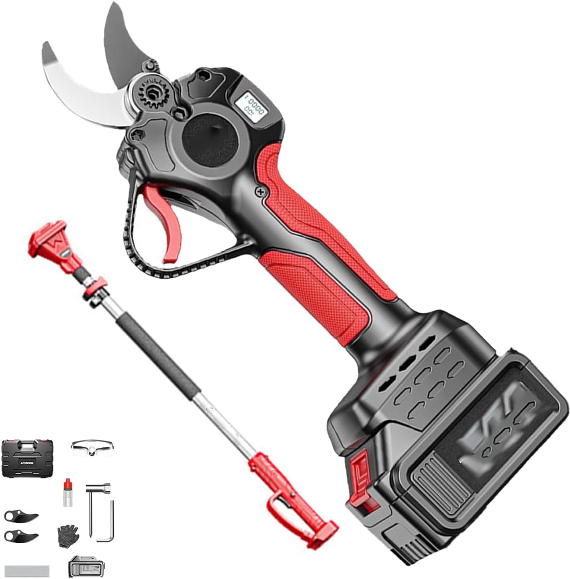 Electric Pruner Shears Pro,Brushless Electric Pruning Shears,Tree Trimmer,Sk9 Titanium Blades,50mm Cutting Diameter,Lcd Display, Bring Telescopic Rod (130cm-198cm