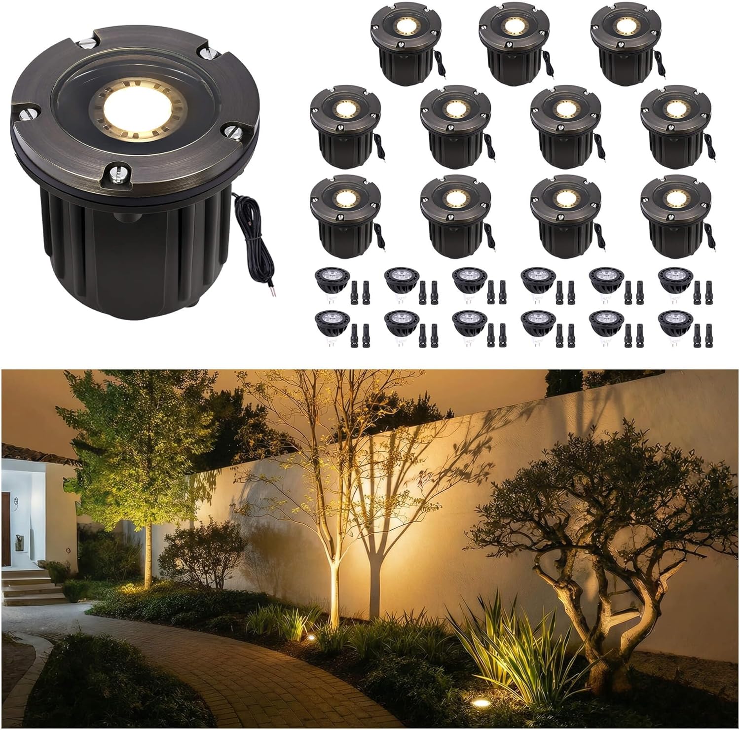 Gardenreet Solid Brass Well Light - 12V In-Ground All Weather Low Voltage Landscape Lighting, Replaceable Bulb LED Fixture, Antique Bronze for Patio Backyard Pathway with 2700K Warm White MR16 Bulb