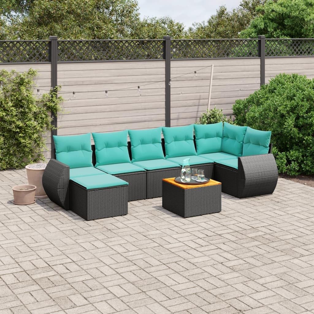 8 Piece Patio Sofa Set with Blue Cushions, Black Poly Rattan Outdoor Furniture, Acacia Wood Tabletop, Modular Design for Backyard, Terrace, Garden