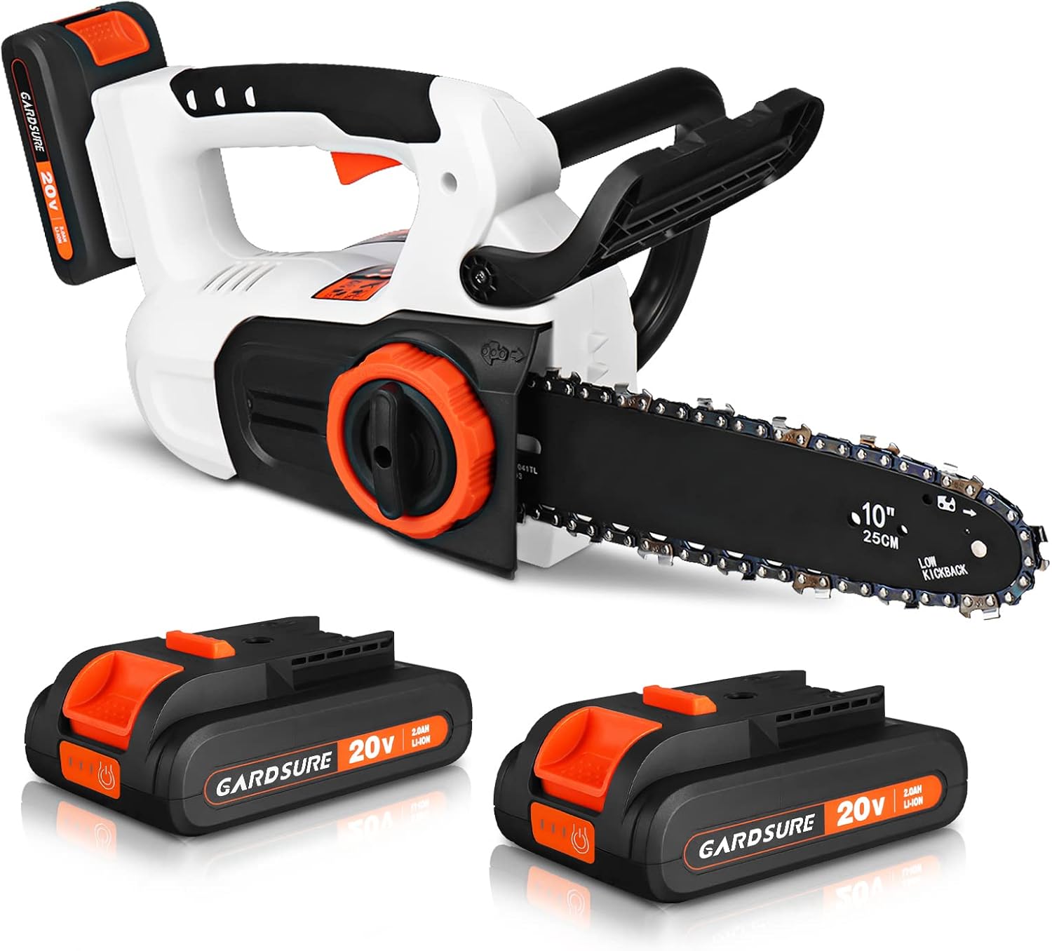 Cordless Chainsaw, 20V Powered Chainsaw with 2 pieces Rechargeable Battery and Charger, 10 Inches Chain Saw Portable Chain Saw
