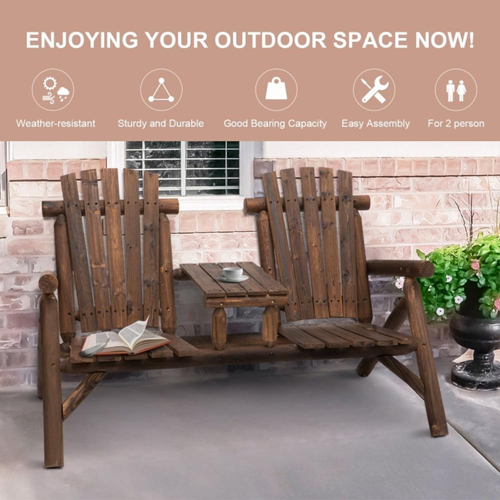 Outdoor 2-Person Wooden Adirondack Bench, Conversation Furniture Set with Patio Rustic Loveseat & Built-in Table, Carbonized Garden Bench Fire Pit Chair for Backyard Porch Pool Deck