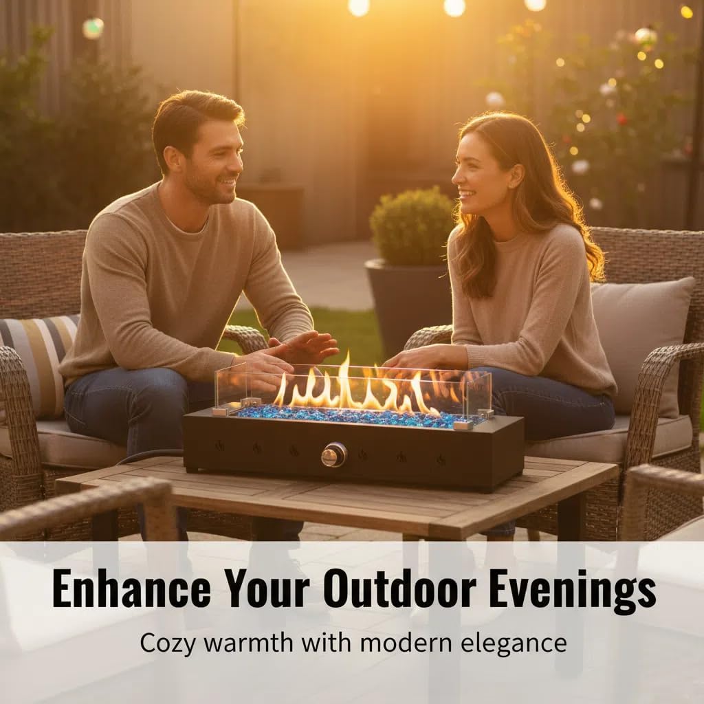 28-inch Rectangle Propane Fire Pit with Tempered Glass Wind Guard, 40,000 BTU Outdoor Heater for Patio, Bottom/Side Hose Conversion, All-Weather Iron Design, Decorative Glass Rock Compatible