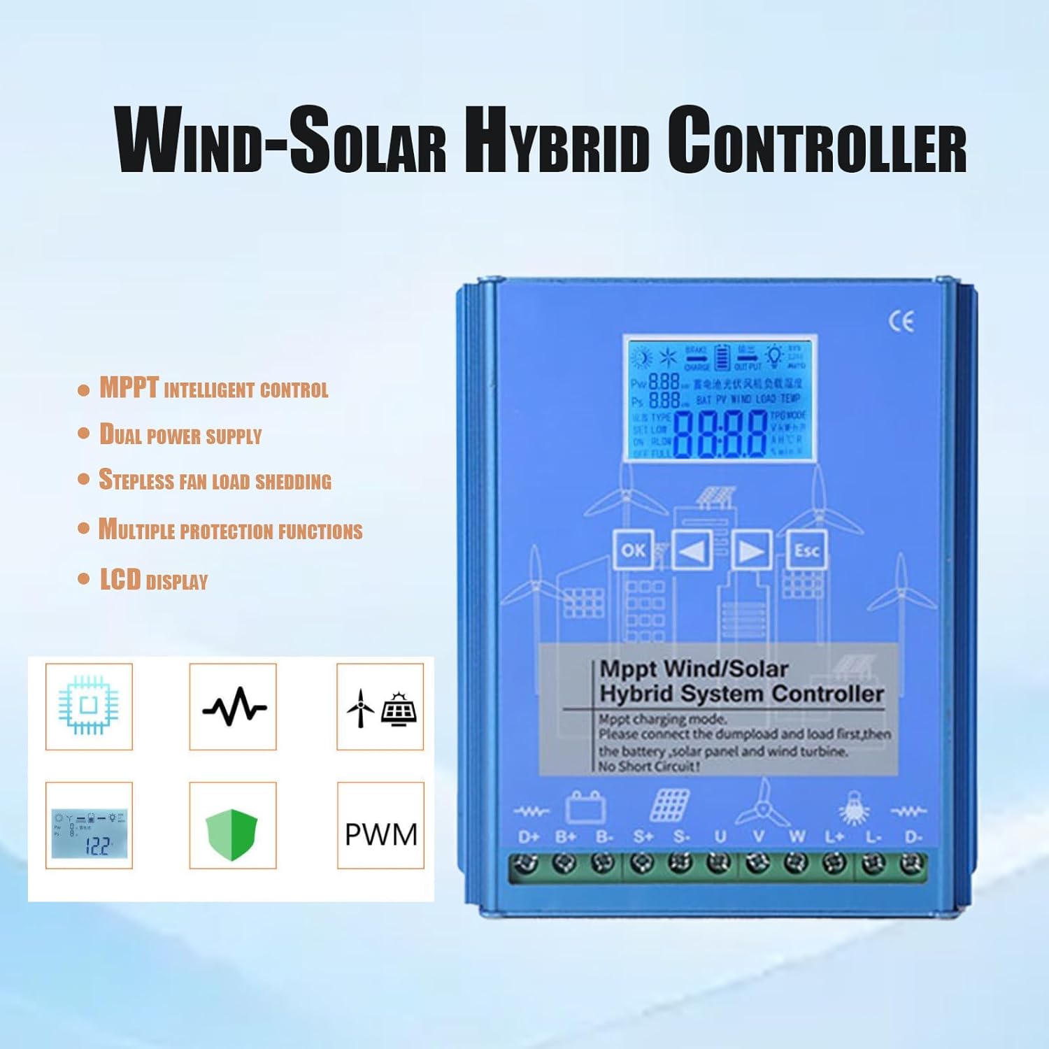 1000W Wind Solar Hybrid Charge Controller PWM 600W Wind + 400W Solar Boost Charge Technology Digital Intelligent Regulator with LCD Display 48V