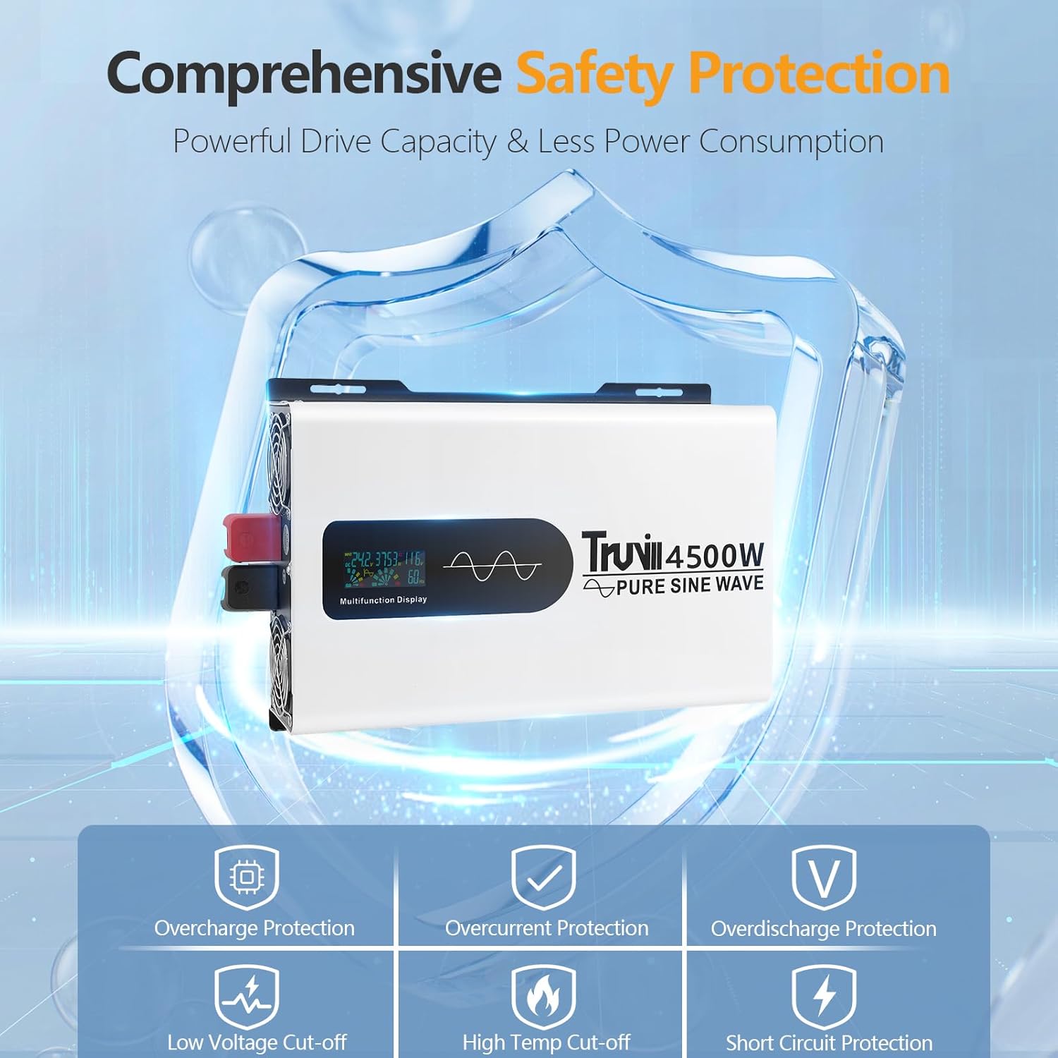 24V 4500W Pure Sine Wave Power Inverter with LED Monitor - 24V DC to 110V/120V, Solar/Off-Grid, Home/RV/Truck, Built-in AC Hardwire Ports