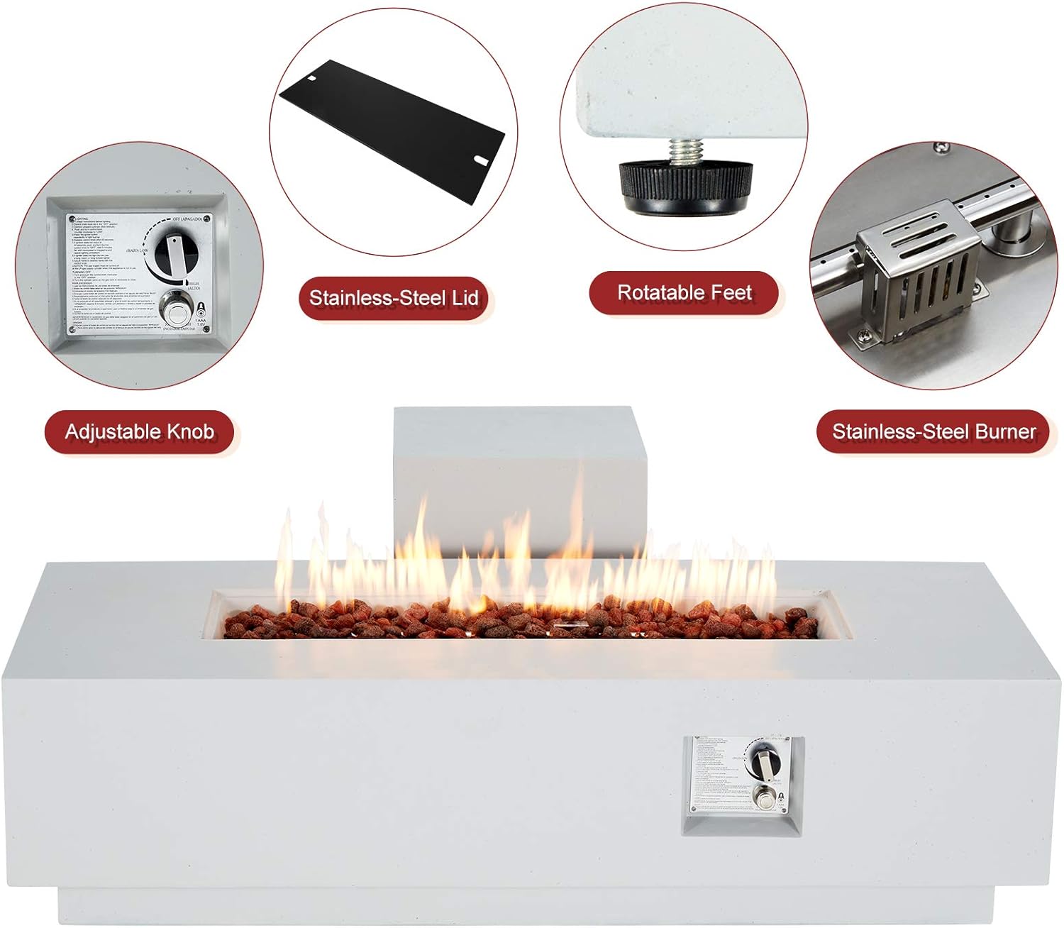 ECOTOUGE 2-Piece 56Inch Outdoor Propane Fire Pit Table Set with 20 Gallon Gas Tank Side Table, 50,000 BTU Rectangular Concrete Fire Pit, w/Weather Rust-Resistant Cover, Outdoor Furniture