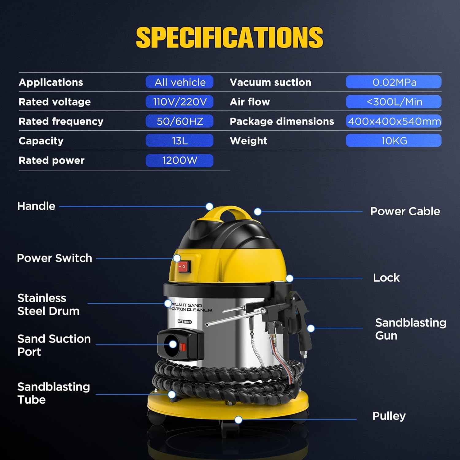Walnut Blaster Kit for Carbon Cleaning, 1200W Engine Intake Valve Cleaner Machine, Automotive Engine Carbon Remover with 2kg Walnut Sand, Sand Blaster for Carbon Cleaning HTS558