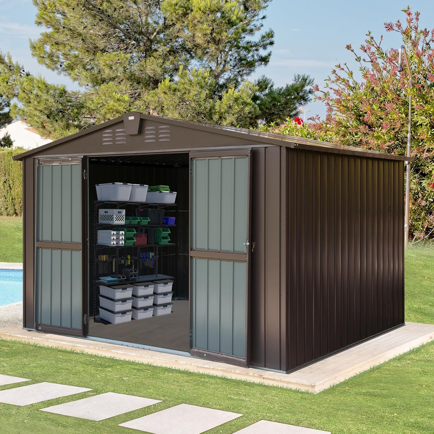 Domi Outdoor Storage Shed 10'x8', Metal Tool Sheds Storage House with Lockable Double Door,Large Bike Shed Waterproof for Garden,Backyard,Lawn(Brown)