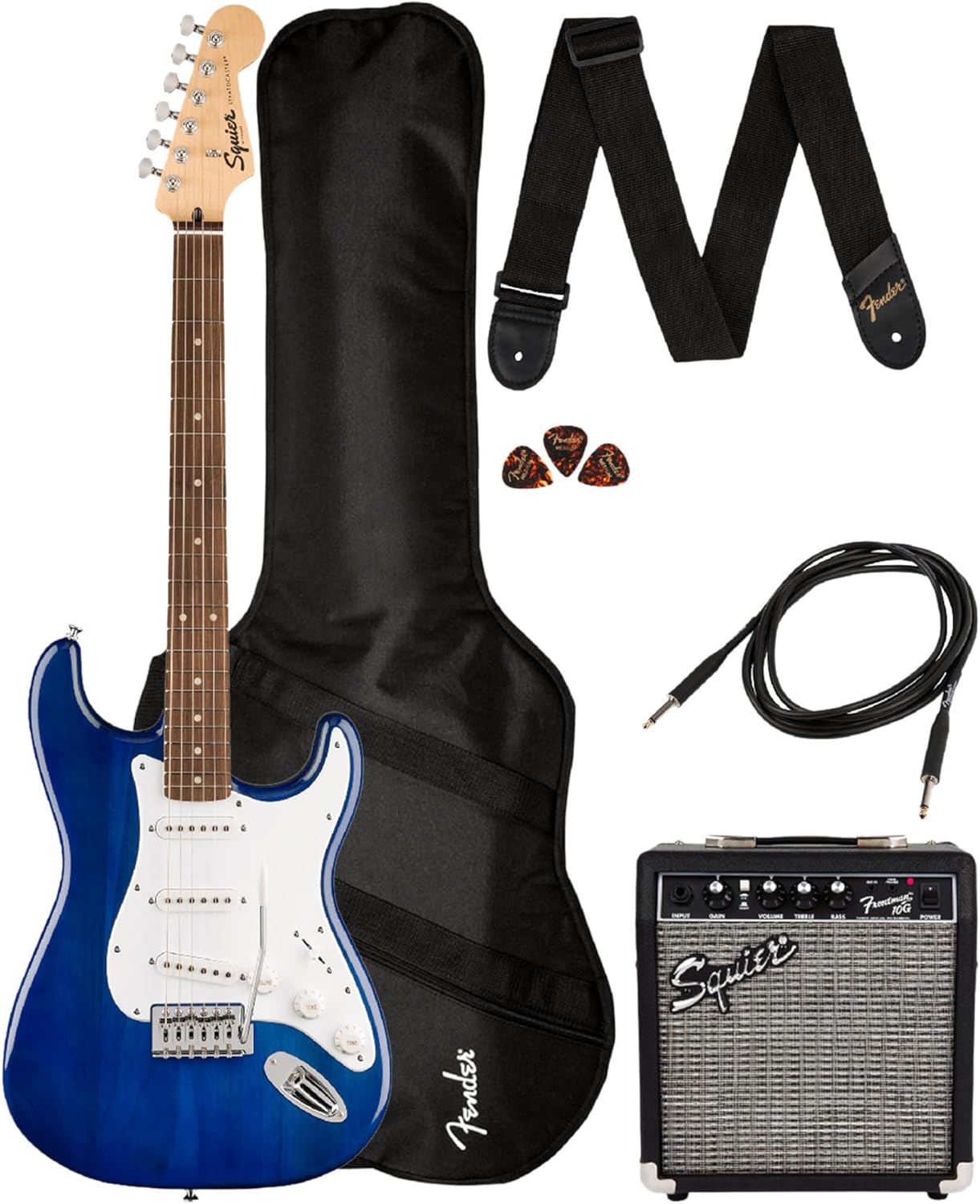 Fender Squier Sonic Stratocaster Pack - Sapphire Blue Transparent Bundle with Frontman 10G Amp, Gig Bag, Instrument Cable, Strap, and Picks