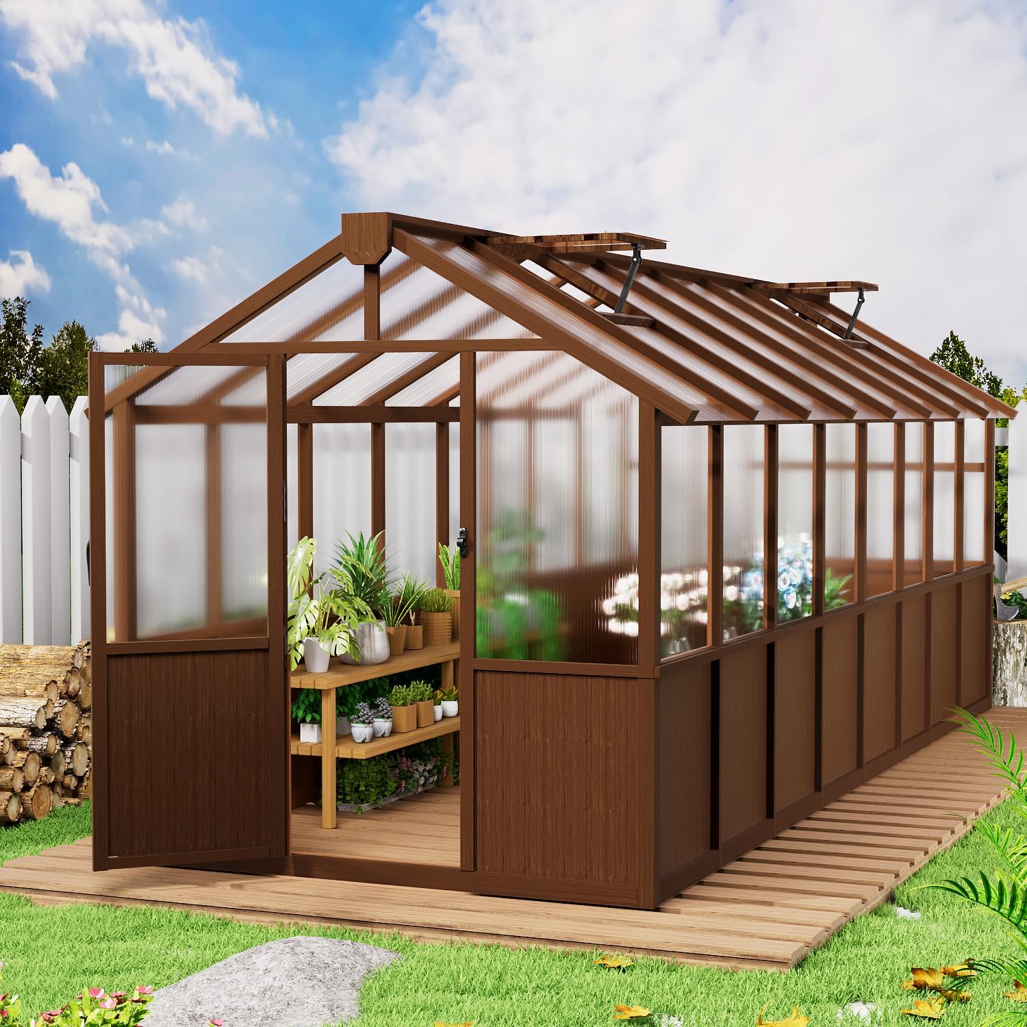 8x16 FT Wooden Greenhouse,Natural Wood Garden House for Plants,Heavy Duty Green House with Polycarbonate Panl, Walk-in Large Garden Greenhouse for Yard, Patio, and Backyard