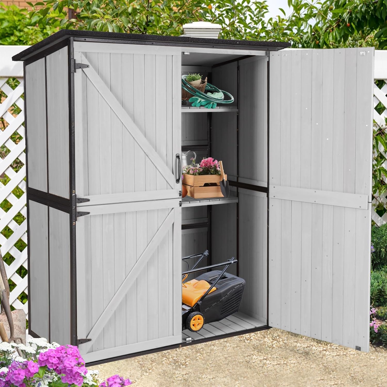 Outdoor Storage Shed with Adjustable Shelves, Wooden Garden Storage shed with Sturdy Metal Frame, Large Outdoor Storage Cabinet for Backyards Patios Gardens (White)