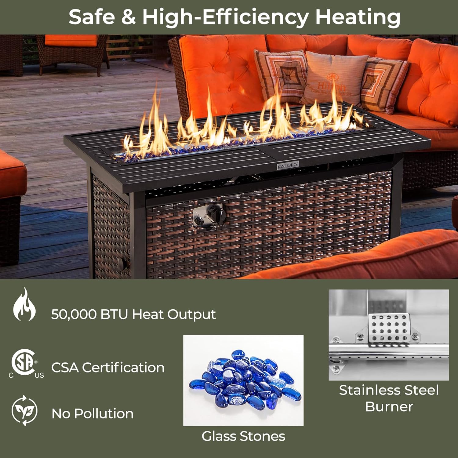 RELAX4LIFE 45’’ Propane Fire Pit Table - 50000 BTU Rattan Outdoor Fire Pit w/Metal Top, Glass Stones, Lid & Protective Cover, Rectangular Gas Fire Pits for Outside Patio Backyard Garden Deck Parties