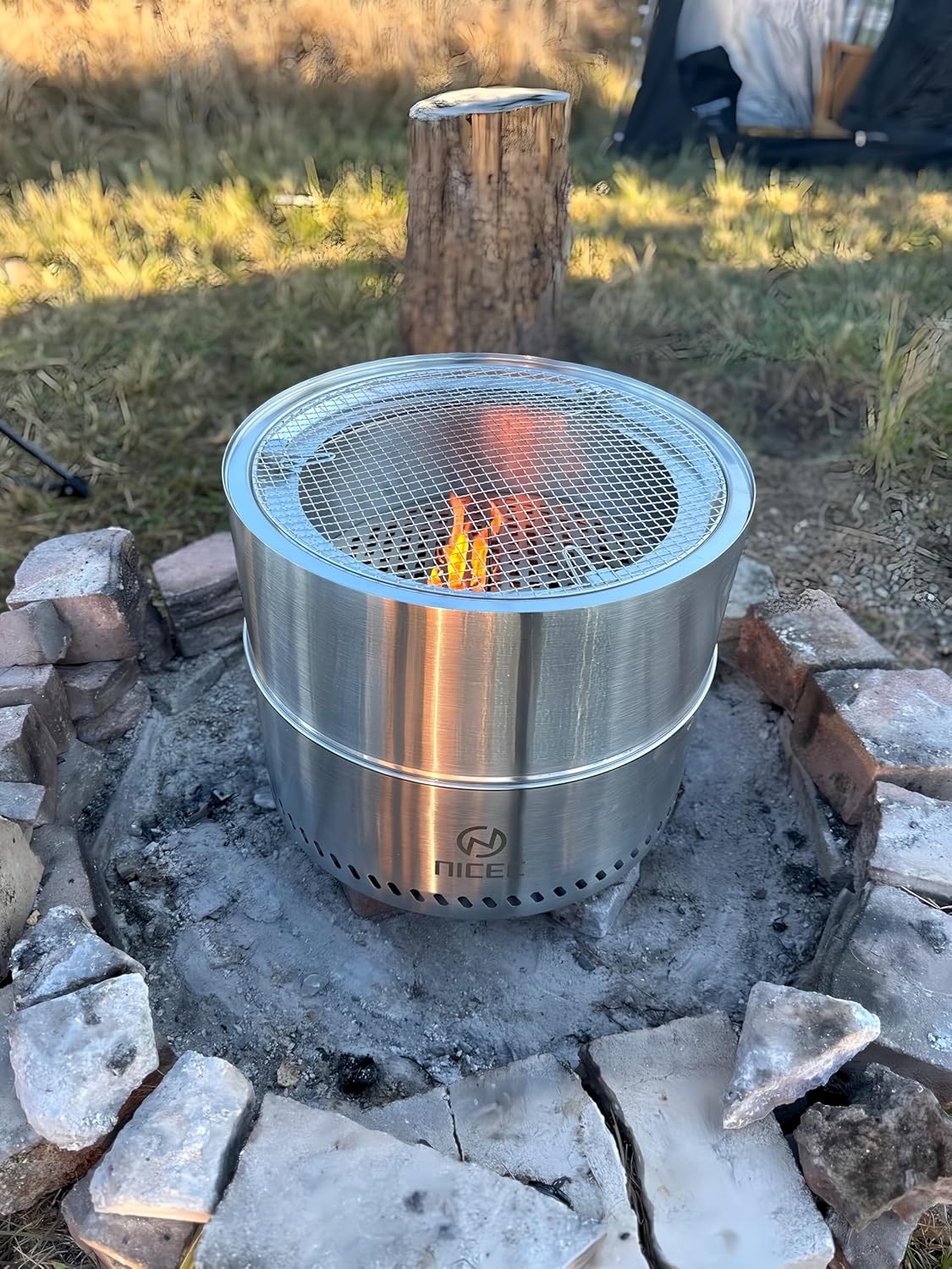 Nice C Fire Pits, 19.1 Inch Smokeless Fire Pits, Portable Fire Pit, Outdoor Fire Pit, Tabletop Fire Pit, Wood Buring Fireplaces, Stainless Steel, with Grill Grate, Removable Ash Tray & Carry Bag