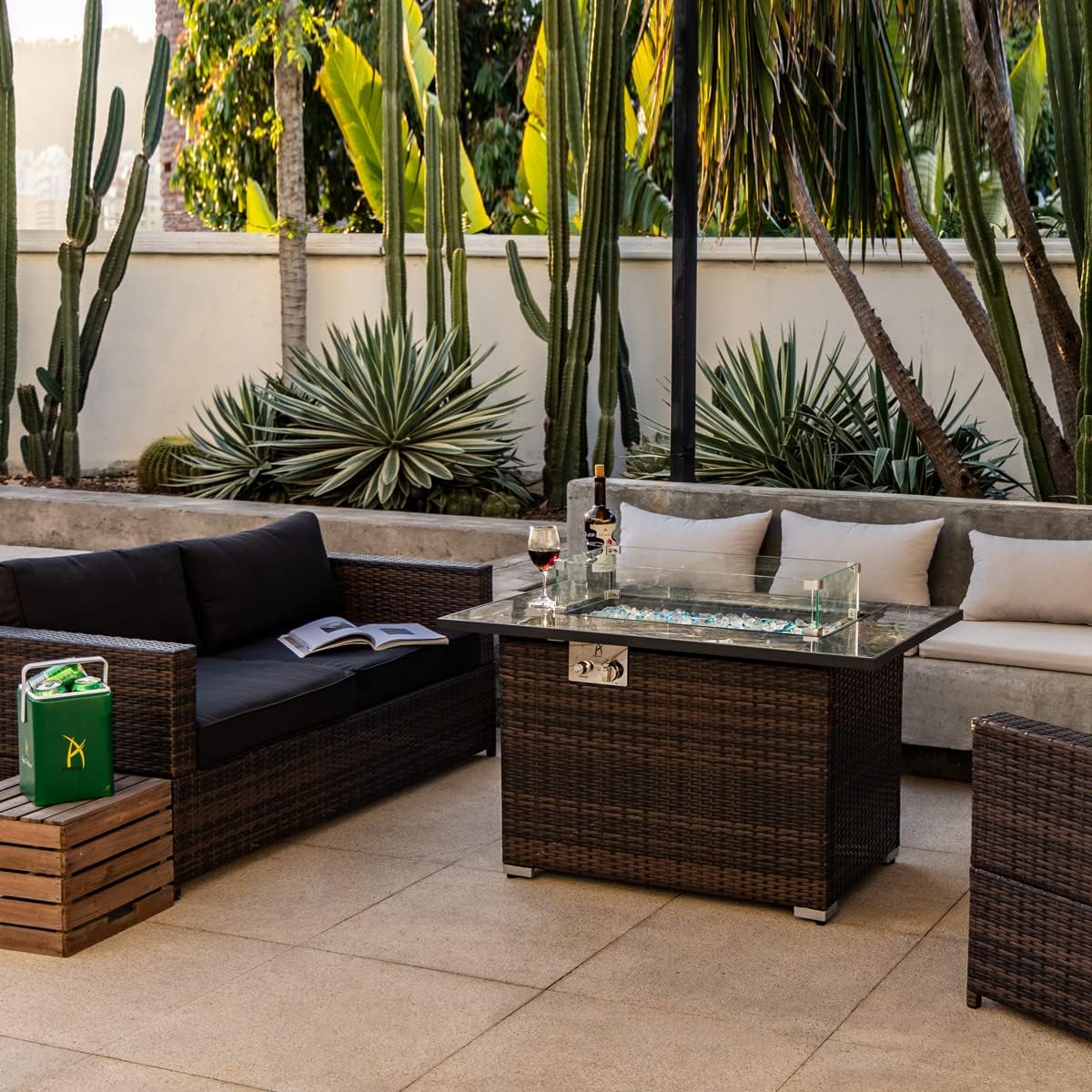 44in Outdoor Fire Pit Table with Natural Gas Conversion Kit, 50,000 BTU Auto-Ignition Gas Firepit with Glass Wind Guard, Marble Tile Tabletop, Mixed Color Glass Rocks, Brown PE Rattan…