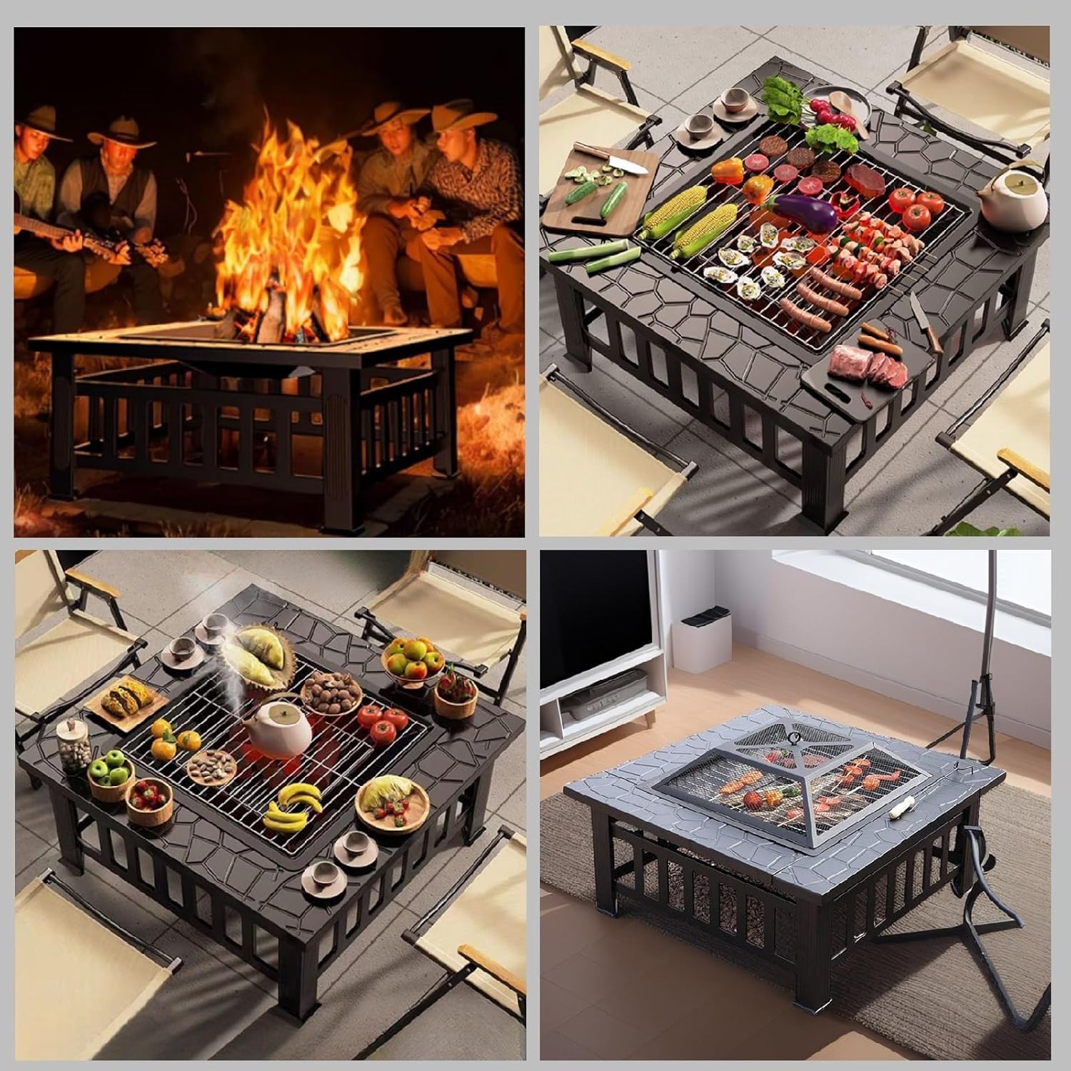 TemkIN Patio Fire Pit, 3 in 1 Square Fire Pits & Outdoor Fireplaces, with Cover & Rain Cover, Heavy Duty Outdoor Fire Pit for Outside Backyard Deck (Steel), Black