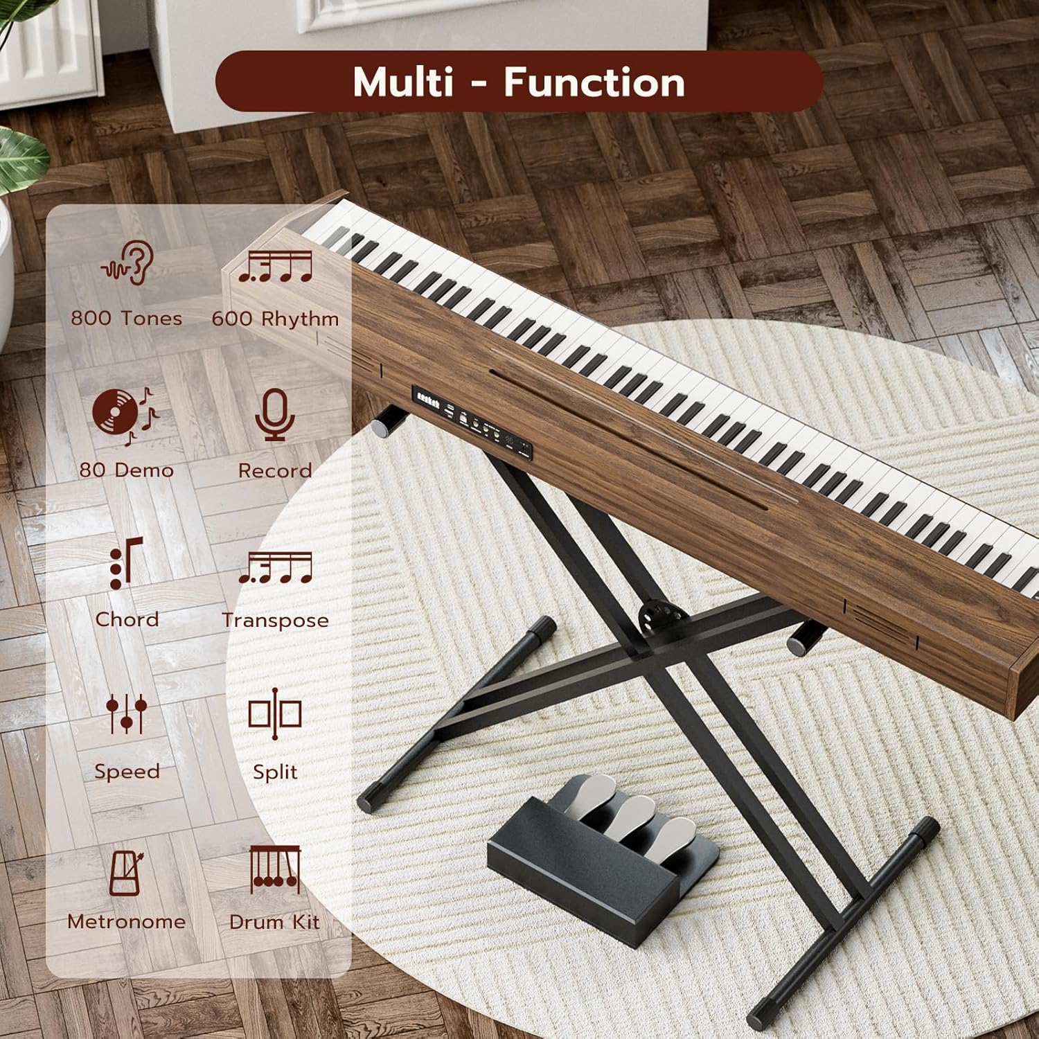 UMOMO U-723 88 Key Digital Piano Keyboard with Piano X Stand, Full Size Electric Piano with Headphone, 3 Pedal, Electronic Piano for Beginner, Adults, Walnut