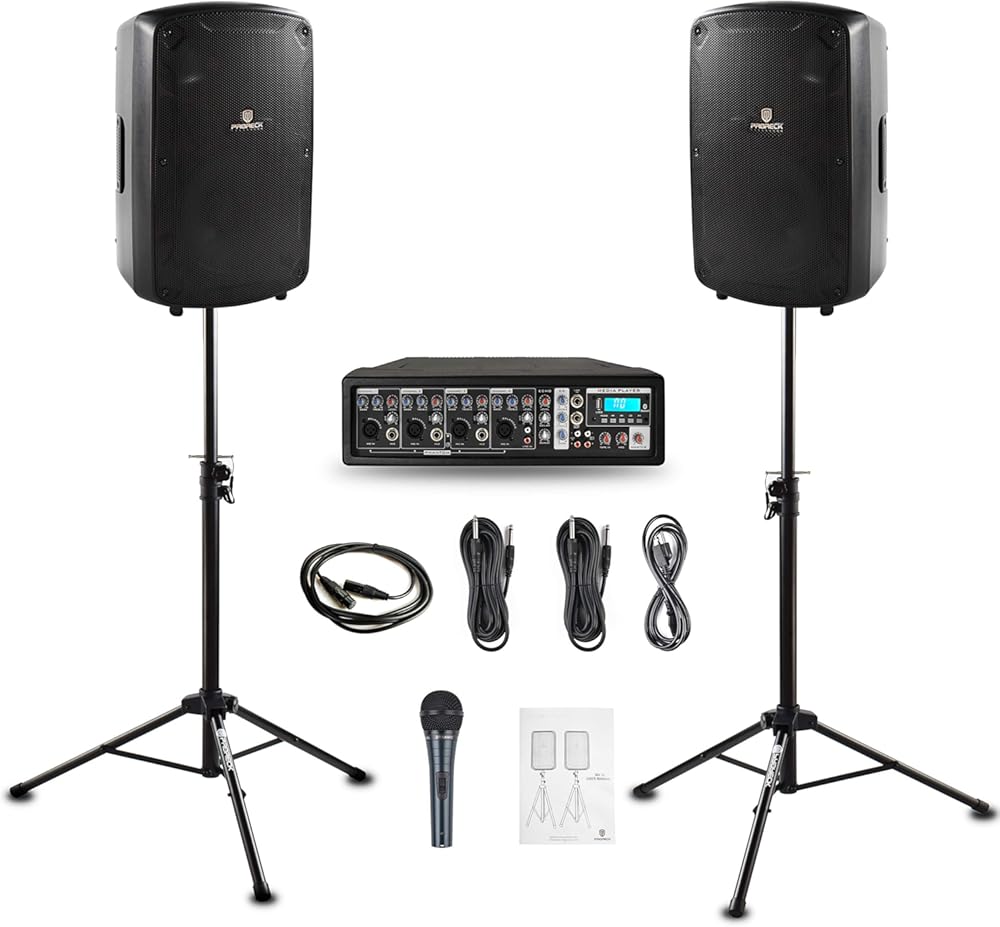 PRORECK MX10 1600W 6-Channel Powered Bluetooth Mixer with 10inch Passive Speakers PA System Mixer/Amp/Stands/Mic