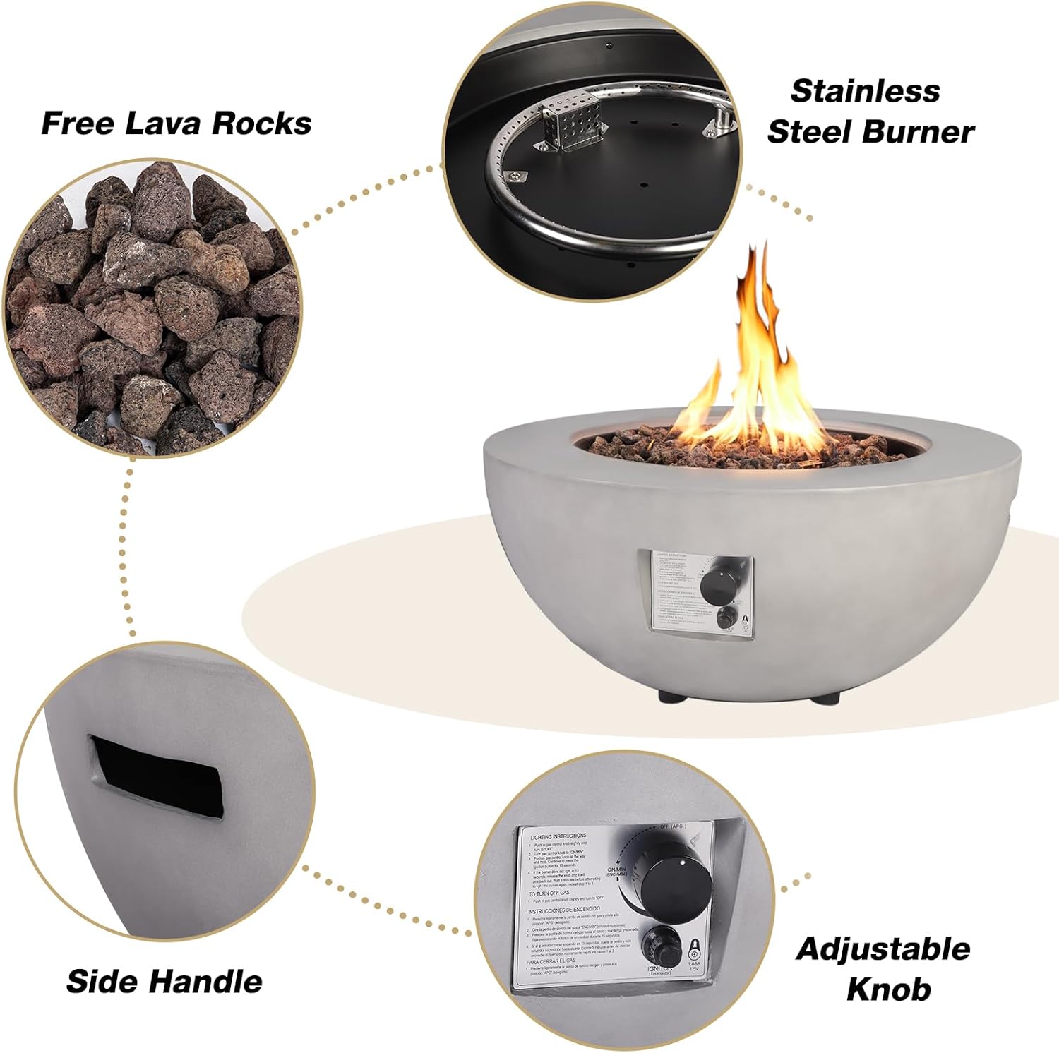 2-Piece Outdoor Propane Fire Pit Table Set w/Tank Cover Table, 31.5-inch 50,000 BTU Bowl Concrete Firepit SUS201 Round Burner with Steel Lid, Lava Rocks, Rain Cover…