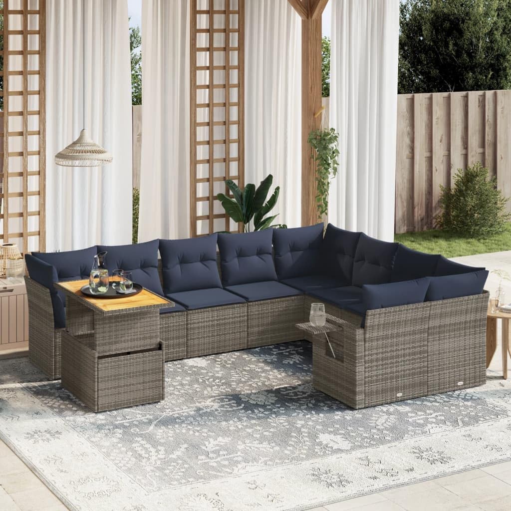 10 Piece Patio Sofa Set with Cushions, Gray Poly Rattan Outdoor Furniture, Adjustable Table, Modular Design for Garden, Balcony