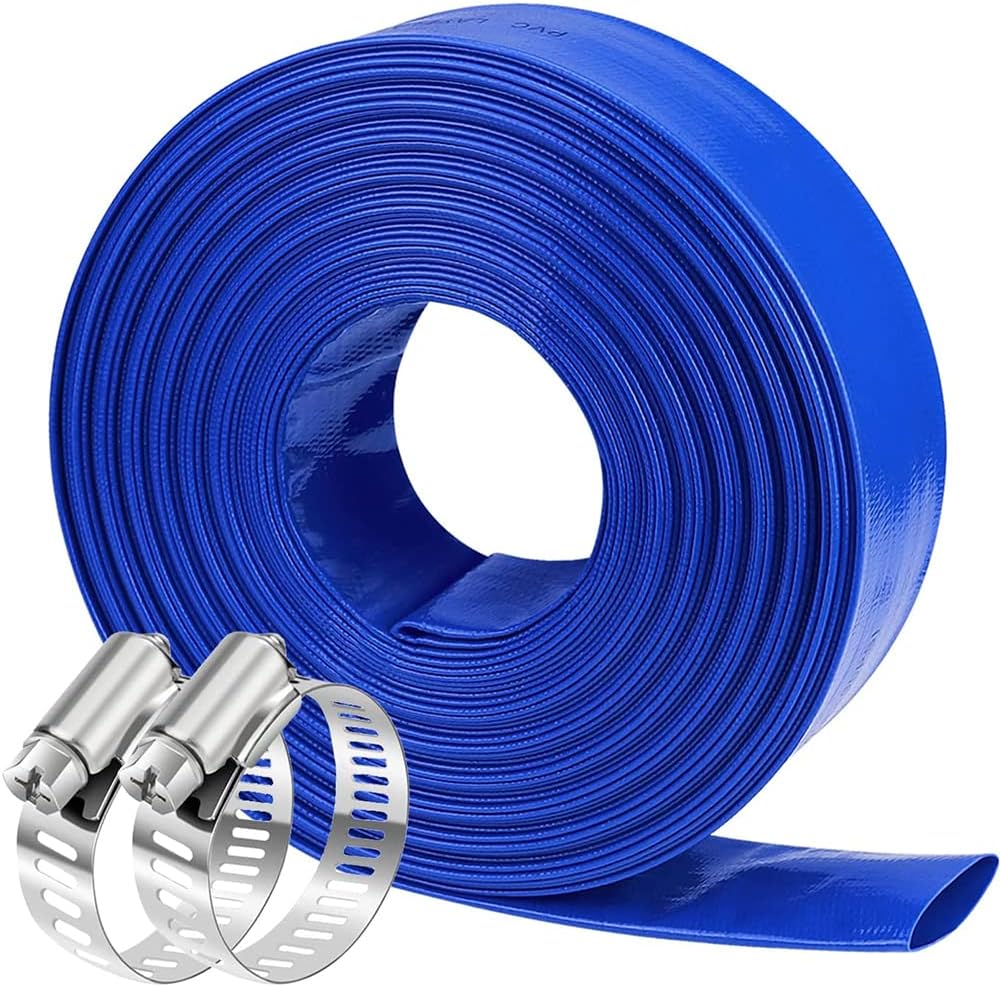 Heavy Duty Backwash Pool Hose Flat Water Discharge Hose with Clamp Weather Resistant,4inch,20m