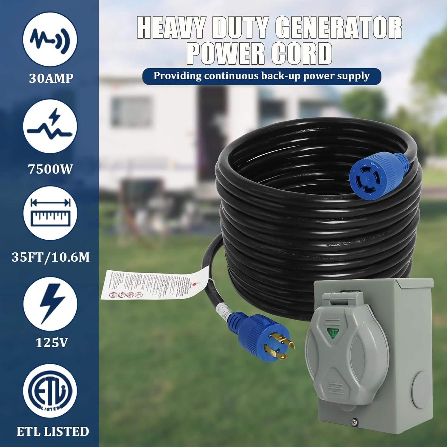 30 Amp Generator Cord and Power Inlet Box, 35 Ft SJTW 4X10AWG Generator Power Extension Cord 4 Prong Blue NEMA L14-30P to L14-30R 125V, 7500W Generator Power Inlet Organizer Combo Kit ETL Listed