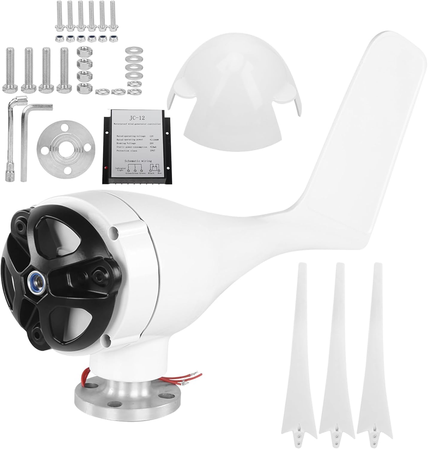 Hilitand 1200W Small Wind Generator Turbines Kit, 3 Blades Generator Power Parts Turbines Kit for Marine Home Charging(White 12V)