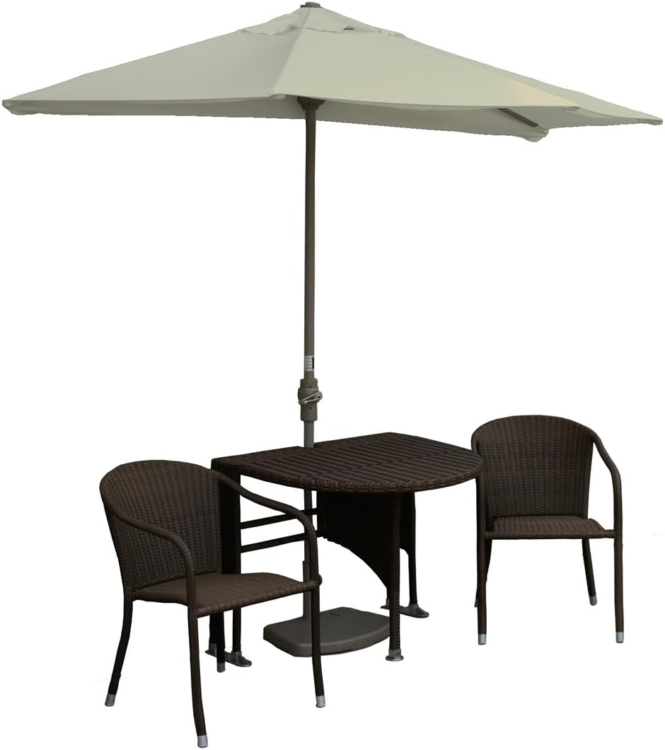Terrace Mates Genevieve All-Weather Wicker Java Color Table Set w/ 9'-Wide OFF-THE-WALL BRELLA - Antique Beige Sunbrella Canopy