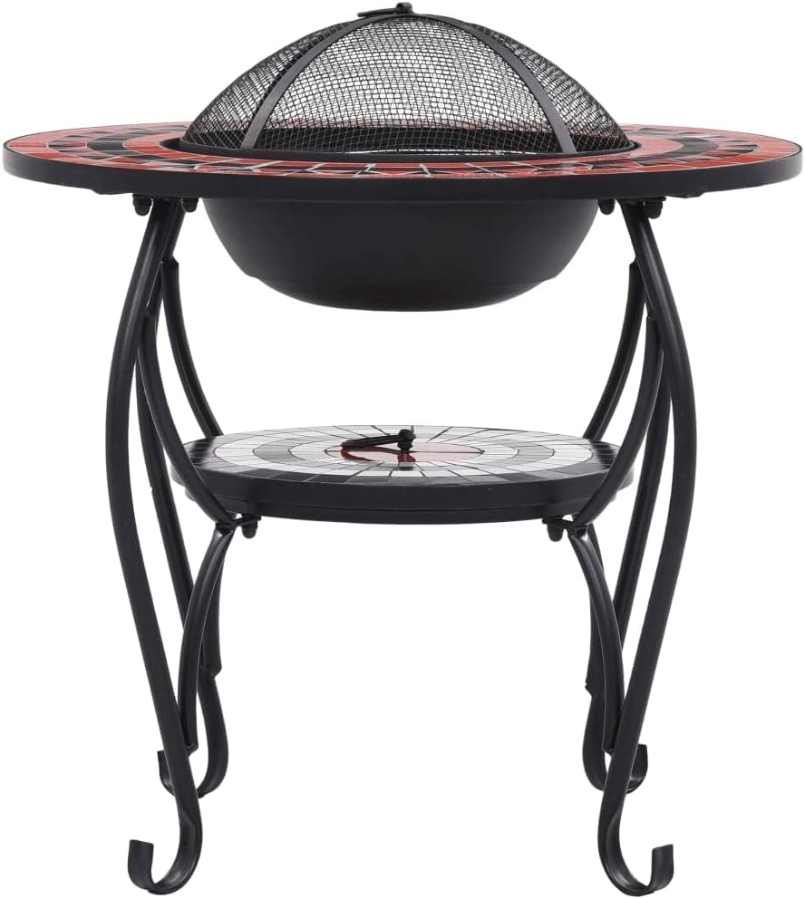 Mosaic Fire Pit Table, Outdoor Fire Pit & Ice Bucket & Side Table, Round Tile Tabletop for Patio, Backyard, Patio, Garden, Terracotta and White 26.8