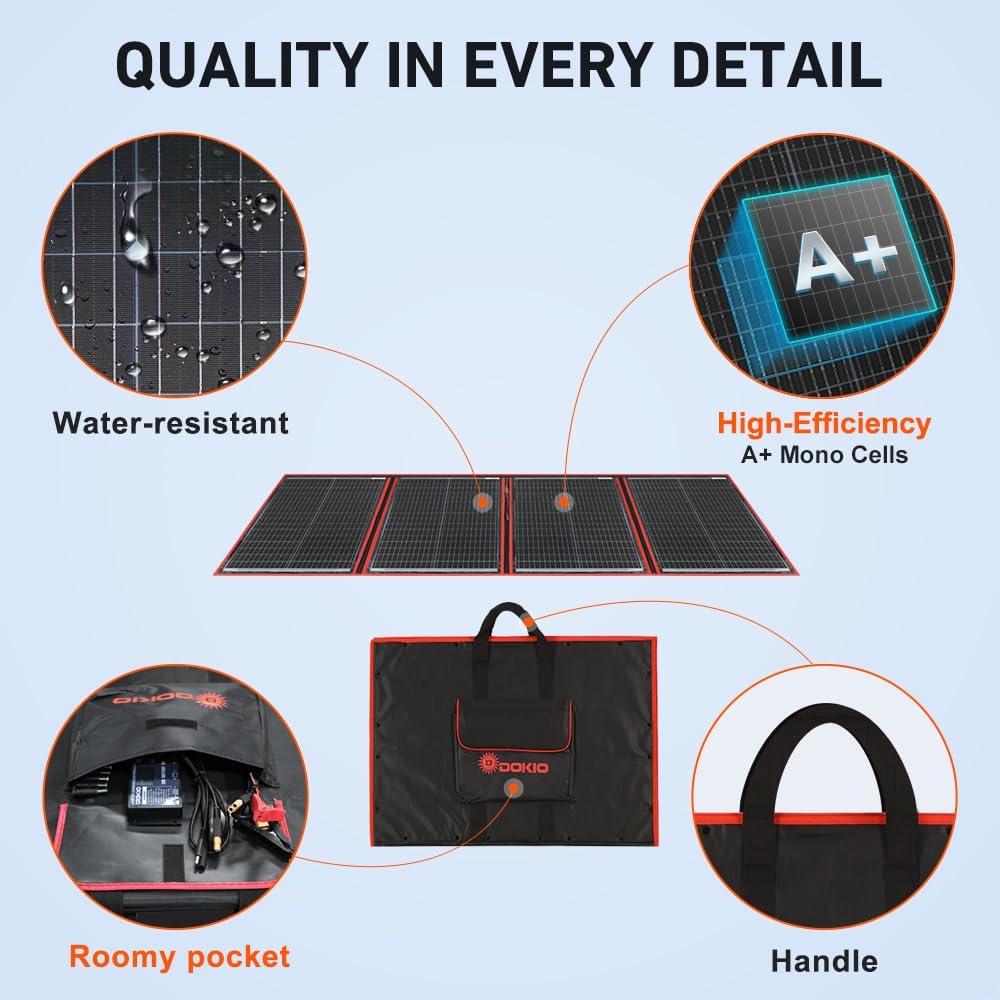 DOKIO 200W Portable Foldable Solar Panel Kit (20x27in, 9.7lb), with Separate Controller and Dual USB, Monocrystalline Charger for 12V Batteries & Power Stations, RV Camping Trailer Emergency Backup