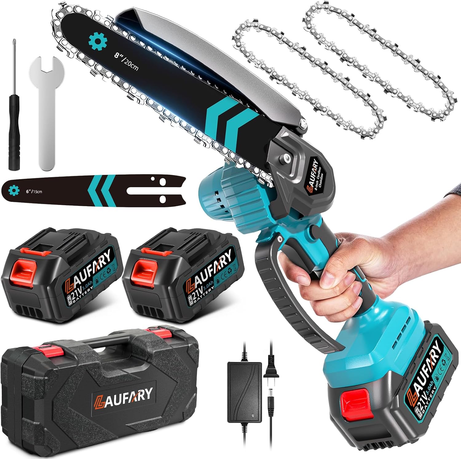 Mini Chainsaw Cordless 8-inch, Portable Handheld Electric Chain Saw with 2x3000mAh Large Batteries, Battery Powered Chainsaw Garden Tools for Wood Cutting Tree Trimming, Best Gifts for Dad, Husband