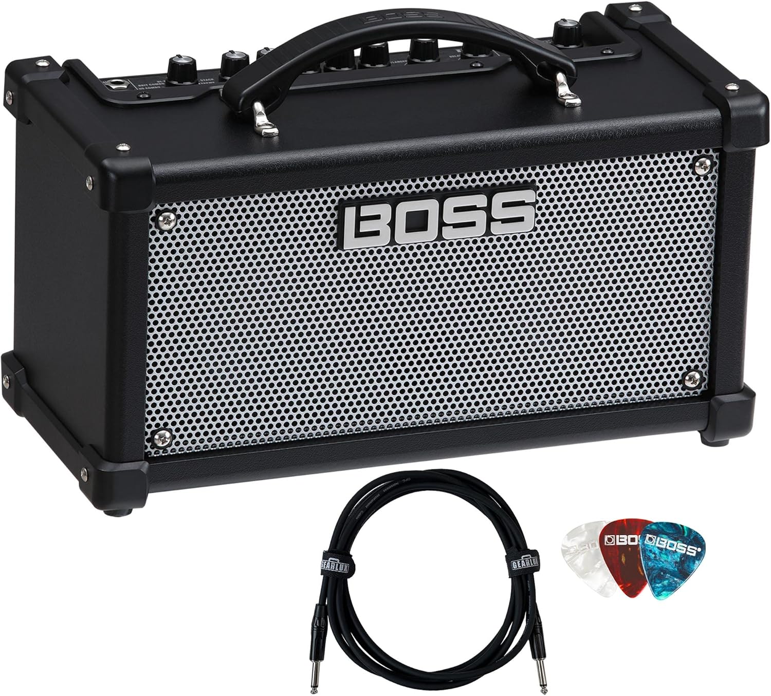 Boss Dual Cube LX 2 x 4-inch 10-watt Portable Guitar Combo Amplifier Bundle with Gearlux Instrument Cable and Picks