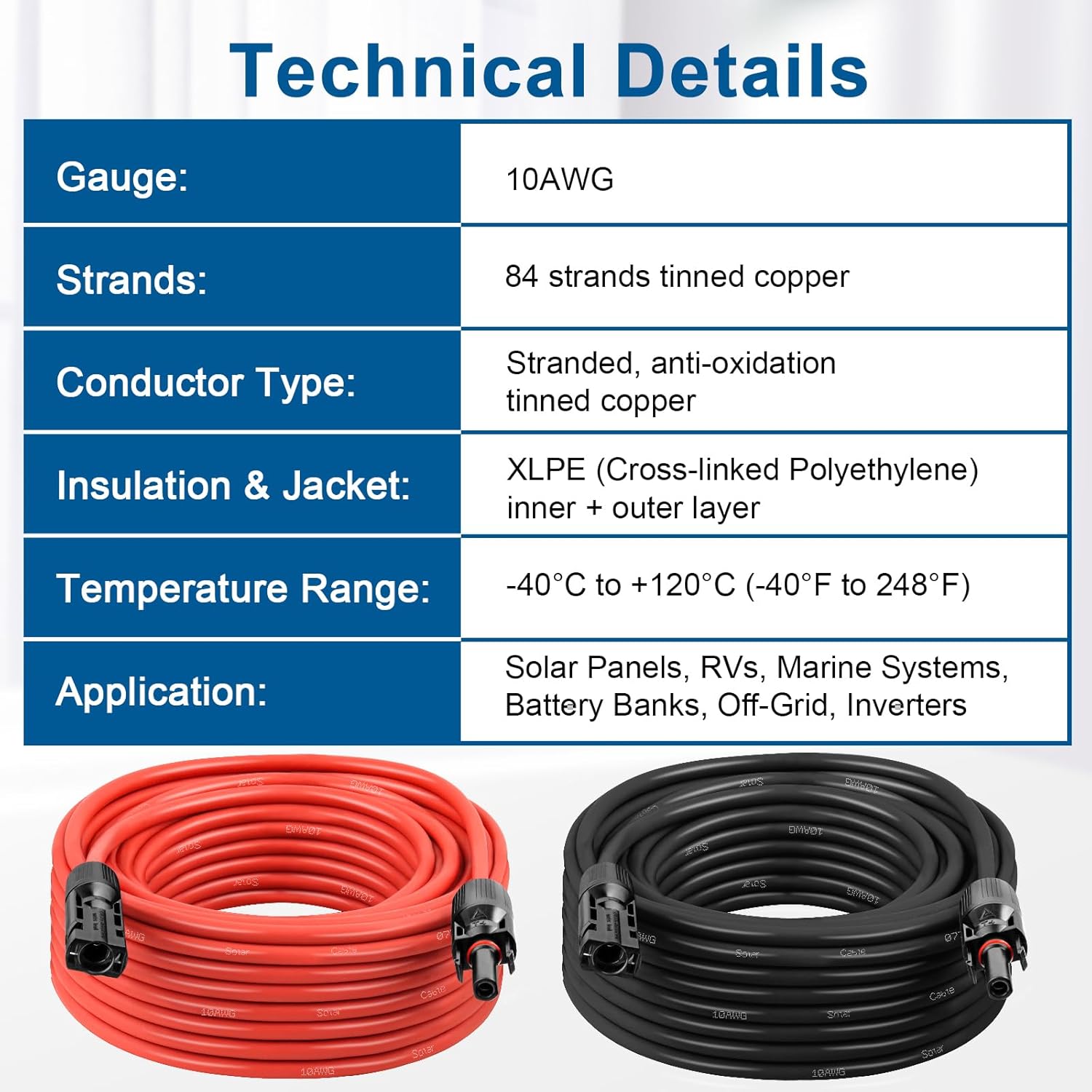 10AWG Solar Extension Cable 50FT – 2 Pack Red & Black PV Wire with Solar Connectors, 84-Strand Tinned Copper, Dual XLPE Insulated, Outdoor UV-Resistant Cable for RV, Inverter, Battery