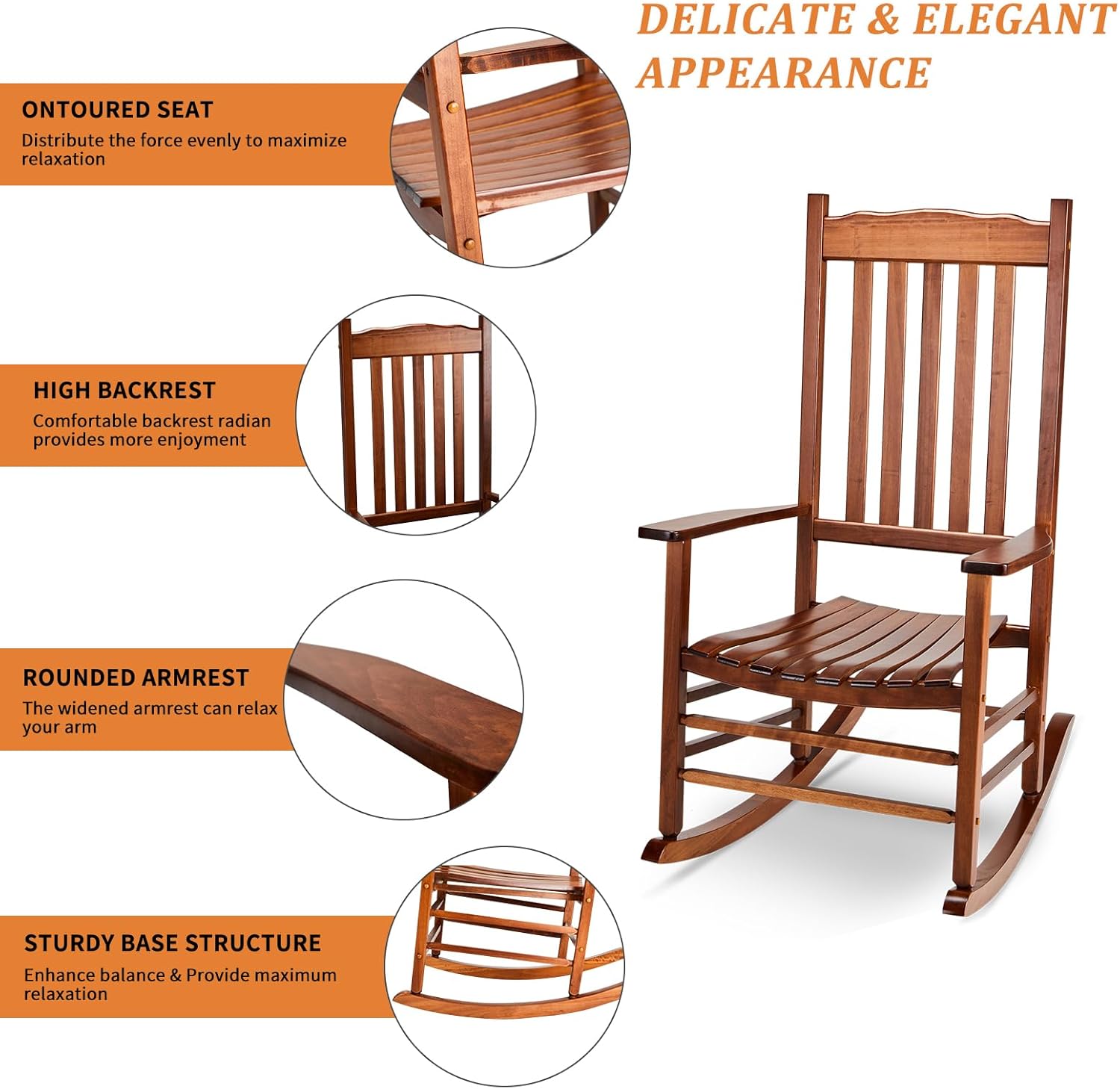 Outvita Outdoor Rocking Chair Set of 2, Solid Wood High Back Rocker, All Weather Lounge Chair for Porch Patio Fire Pit Garden Backyard Deck Indoor, Wave Shape, Natural