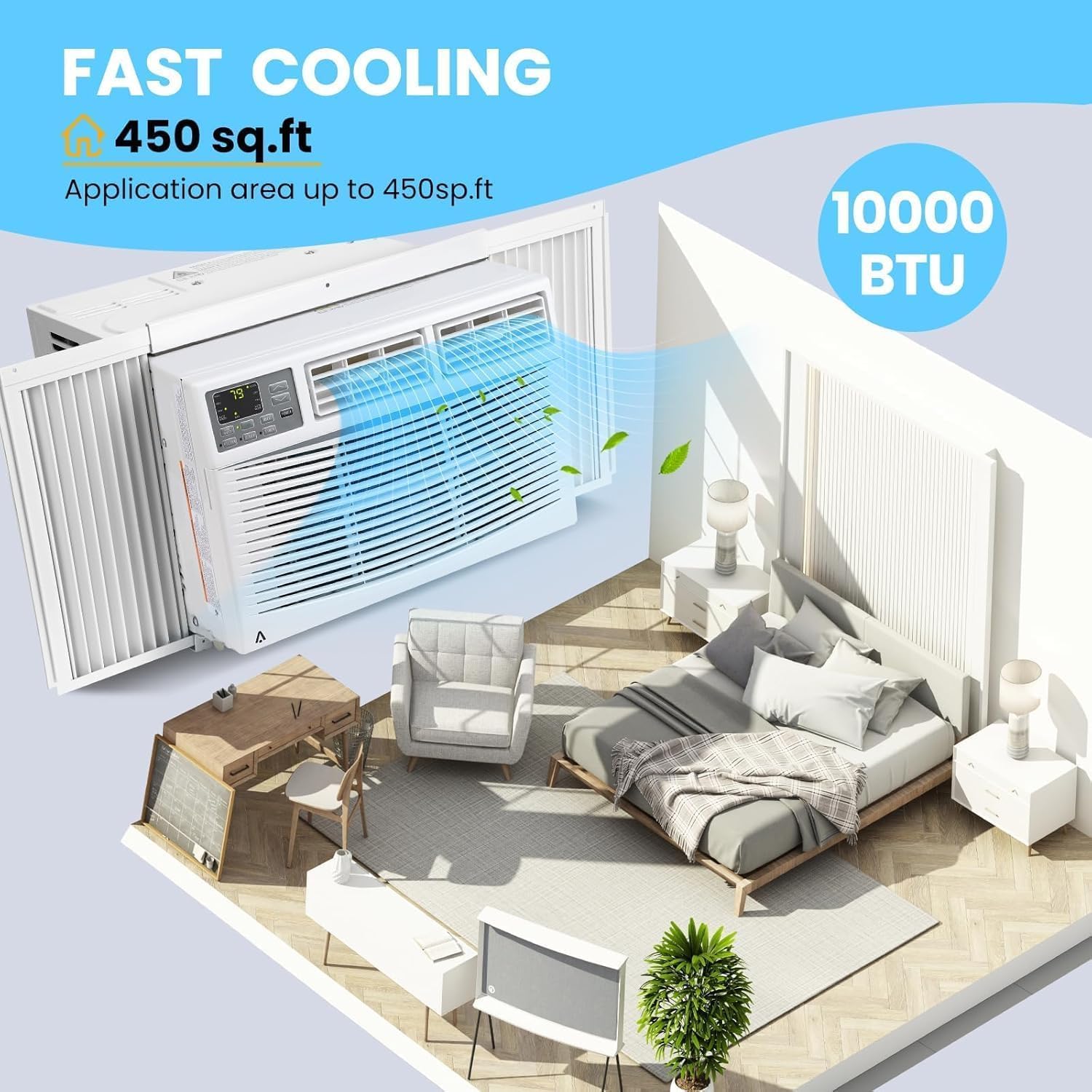 10000 BTU Window Air Conditioner Unit, AC Unit with Remote Control Cools up to 450 Sq. Ft, 3 Cooling/Fan Speeds, Auto Restart/Quiet Operation, for Bedroom, Living Room, Office