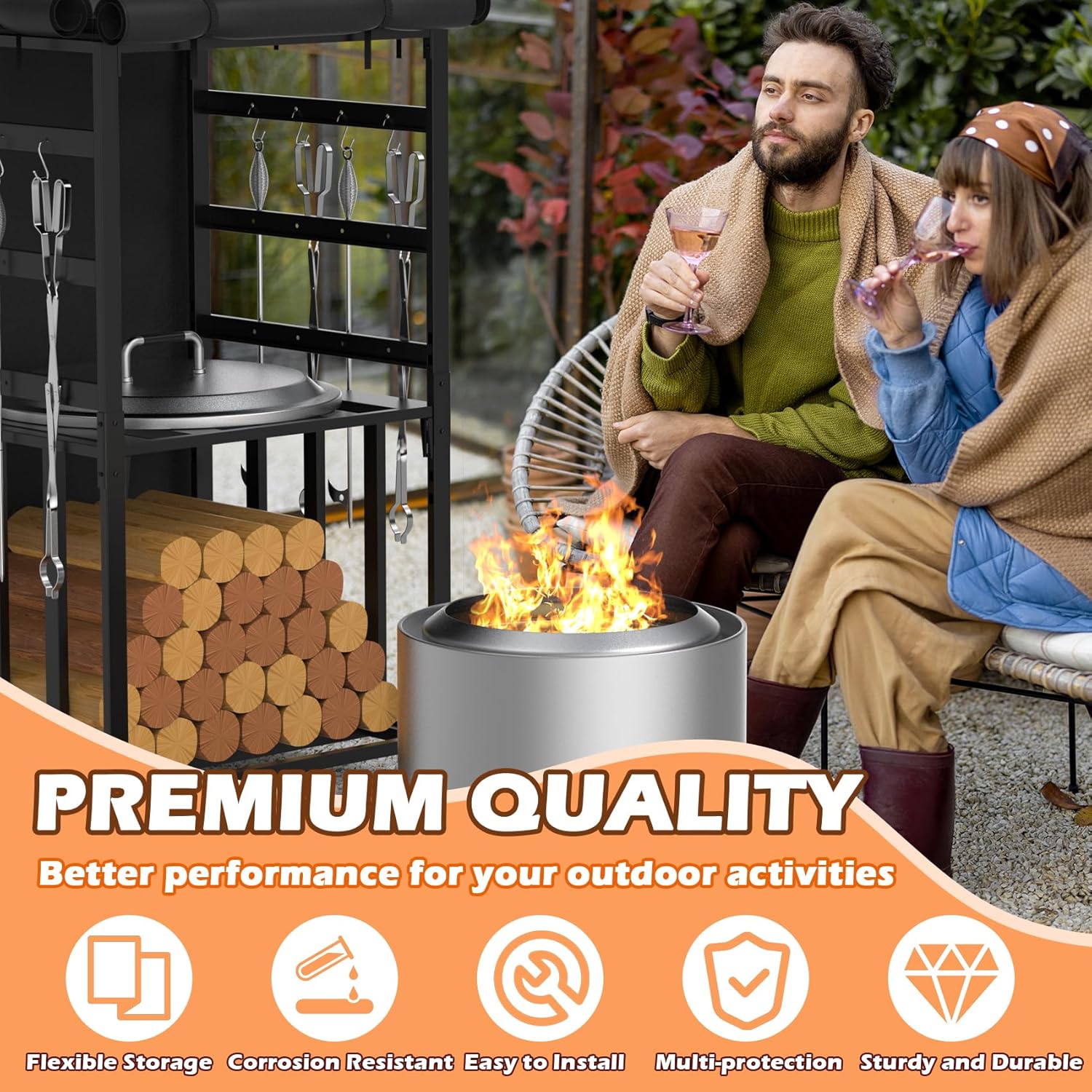 Firewood Storage Rack for Solo Stove Bonfire Ranger Yukon Fire Pit Accessories, Black Steel with Powder Coated Finish, Adjustable Shelves, Waterproof Cover, 29.9