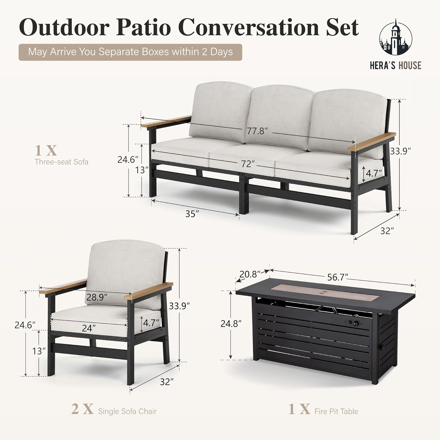 HERA'S HOUSE HDPE Patio Furniture Set, 4-Piece Outdoor Wicker Conversation Couch Set with 57