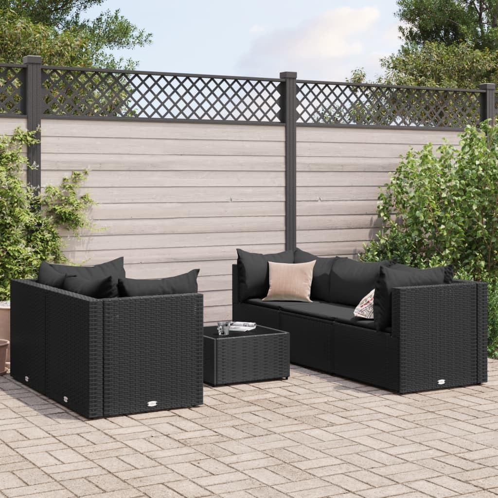 6 Piece Patio Lounge Set with Cushions Black Poly Rattan,AllWeather Patio Furniture Set Modular Rattan Lounge with Glass Table for Garden, Terrace, or Patio Furniture Sets for Patio, Lawn & Garden