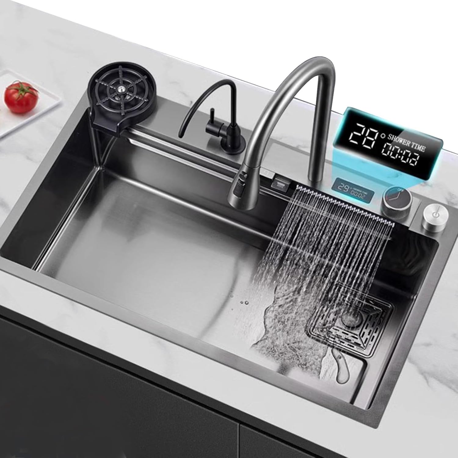Kitchen Sink Tap,Black Kitchen Sink Digital Waterfall Faucet 304 Stainless Steel Sink Large Single Bowl Sink Including Cup Washer and Other Accessories (80x45x22cm)