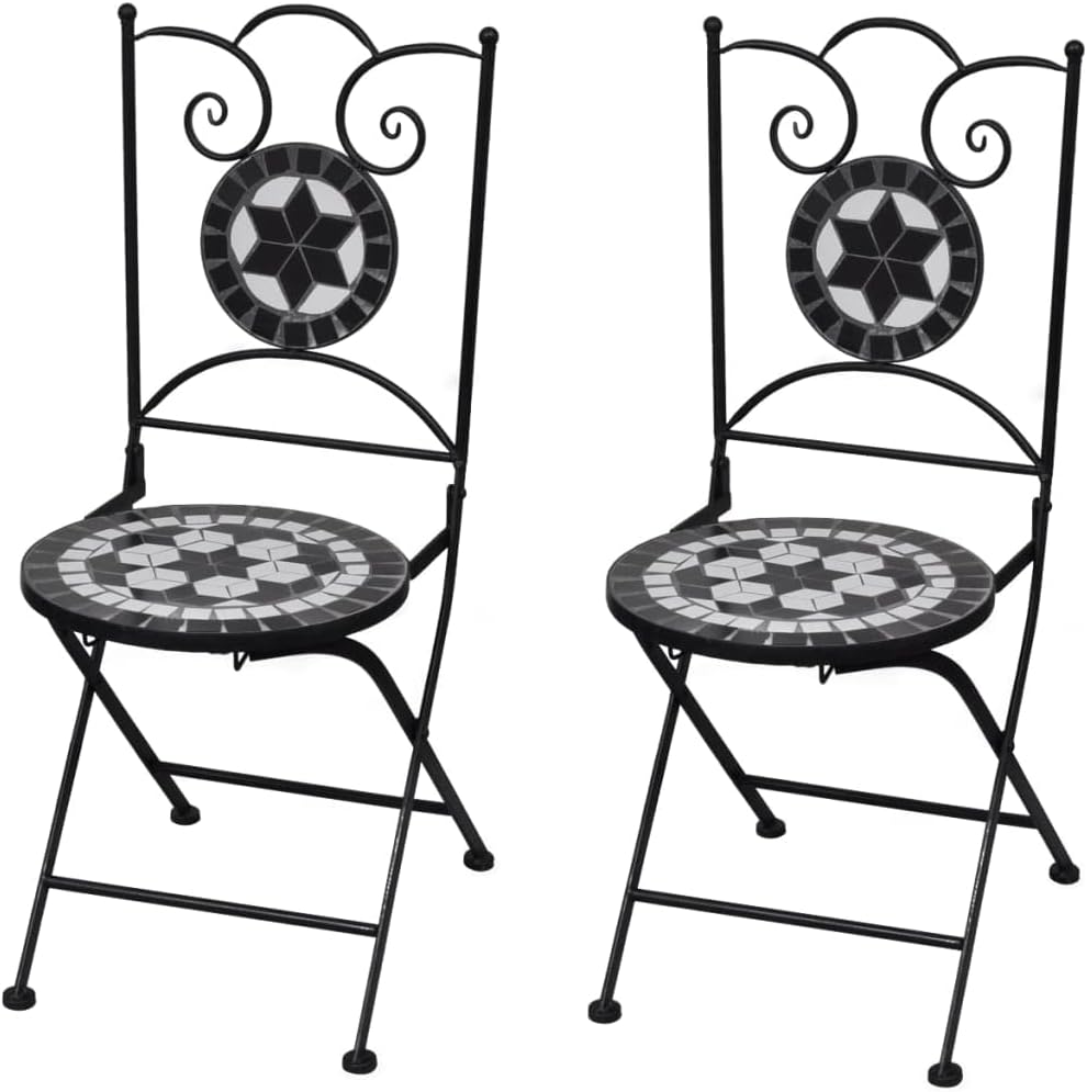 Folding Bistro Chairs 2 pcs Ceramic Black and White,Mosaic Chairs with Ceramic Seats for Outdoor Garden, Patio, or Balcony, Set of 2 Outdoor Furniture, Outdoor Chairs
